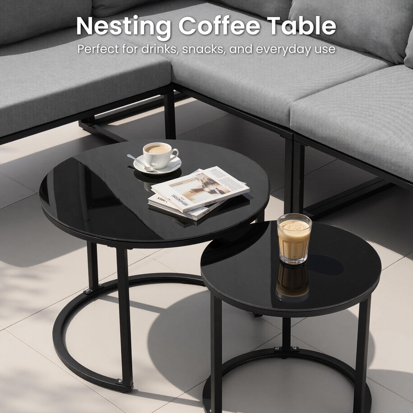Crestlive 6 Piece Patio Furniture Set, Modern L-Shaped Outdoor Sectional Sofa with Nesting Tables, 4 Inch Thick Cushion, All Weather Resistant Outdoor Furniture Set for Backyard Patio Garden