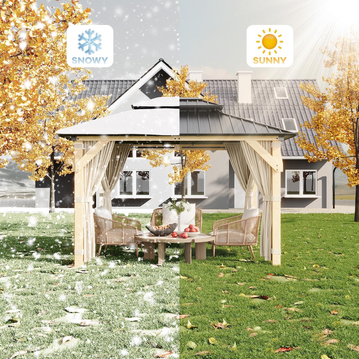 10x12 FT Hardtop Wooden Gazebo with Galvanized Steel Double Roof, Aluminum Frame, Mosquito Netting & Curtains – Durable Outdoor Pavilion for Patio, Backyard, Deck & Lawn