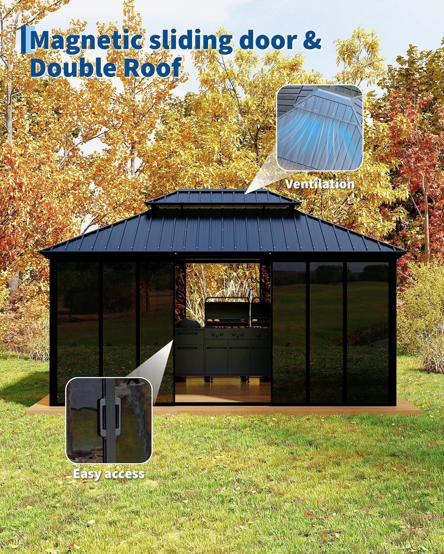 GarveeLife 12x16 ft Sunroom Hardtop Gazebo, Enclosed Gazebo with Floor-to-Ceiling Sliding Doors, All-Aluminum Alloy Frame, Screen Outdoor Room Solarium for Backyard, Patio, and Deck