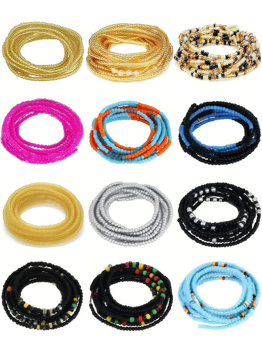 Fumete 12 Pcs Waist Beads Set Handmade African Belly Beads Chain Plus Size Body Jewelry Non Stretching Belly Chain for Women(Stylish,50 Inch)