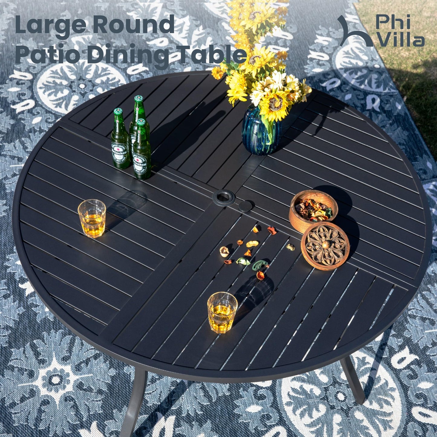 PHI VILLA 7 Piece Outdoor Patio Dining Set with 6 Padded Swivel Dining Chairs & 1 Large Round Dining Table, All Weather Dining Furniture Set for Lawn Garden (Blue)