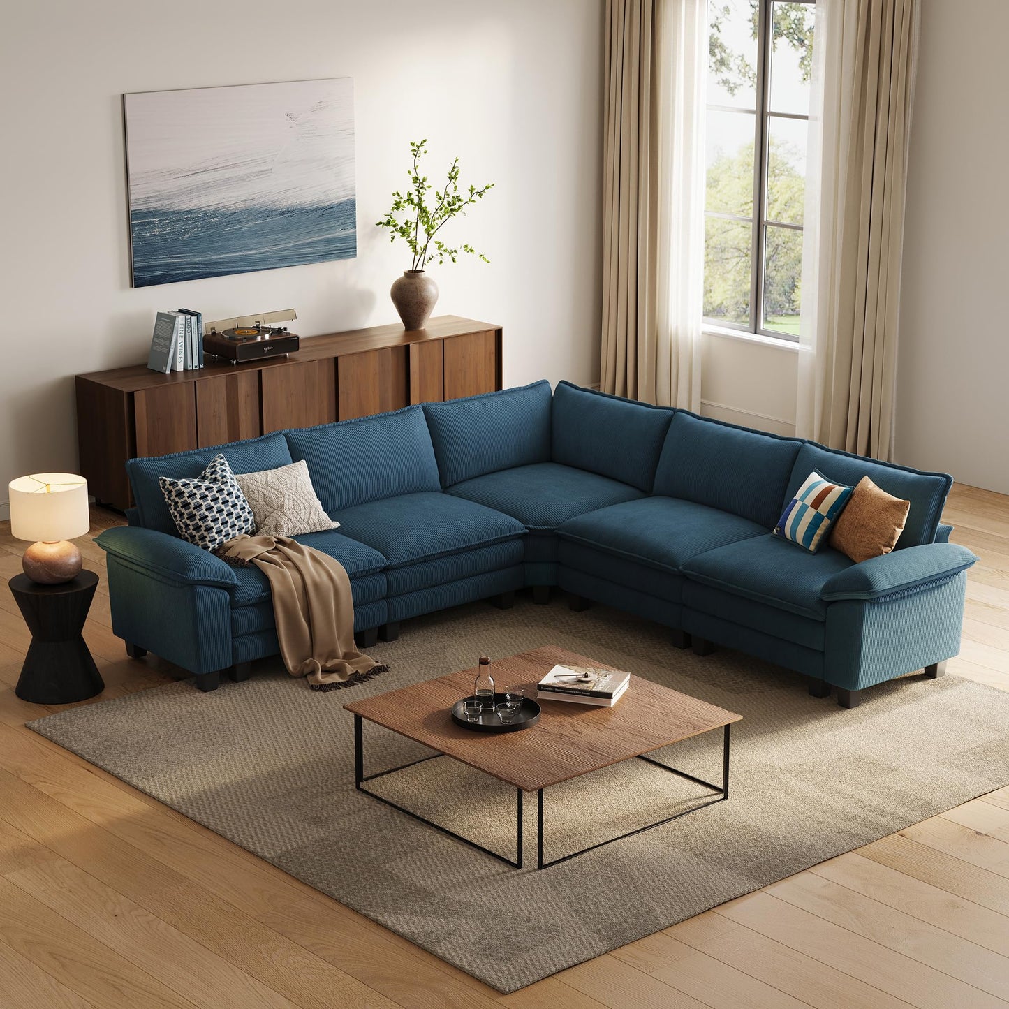 LINSY HOME 119" Modular Sectional Sofa Couch Corduroy Cloud Couches for Living Room, V-Shaped Cloud Couch Sectional Sofas for Bedroom and Apartment, Blue
