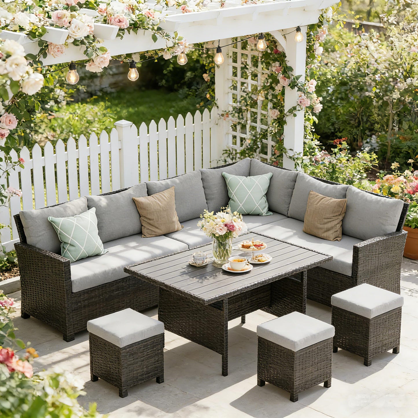 Wisteria Lane 7 Piece Patio Furniture Set, High Curved Back Wicker Patio Sectional, All Weather Outdoor Dining Set, Outdoor Furniture Patio Conversation Set with Ottoman, Grey