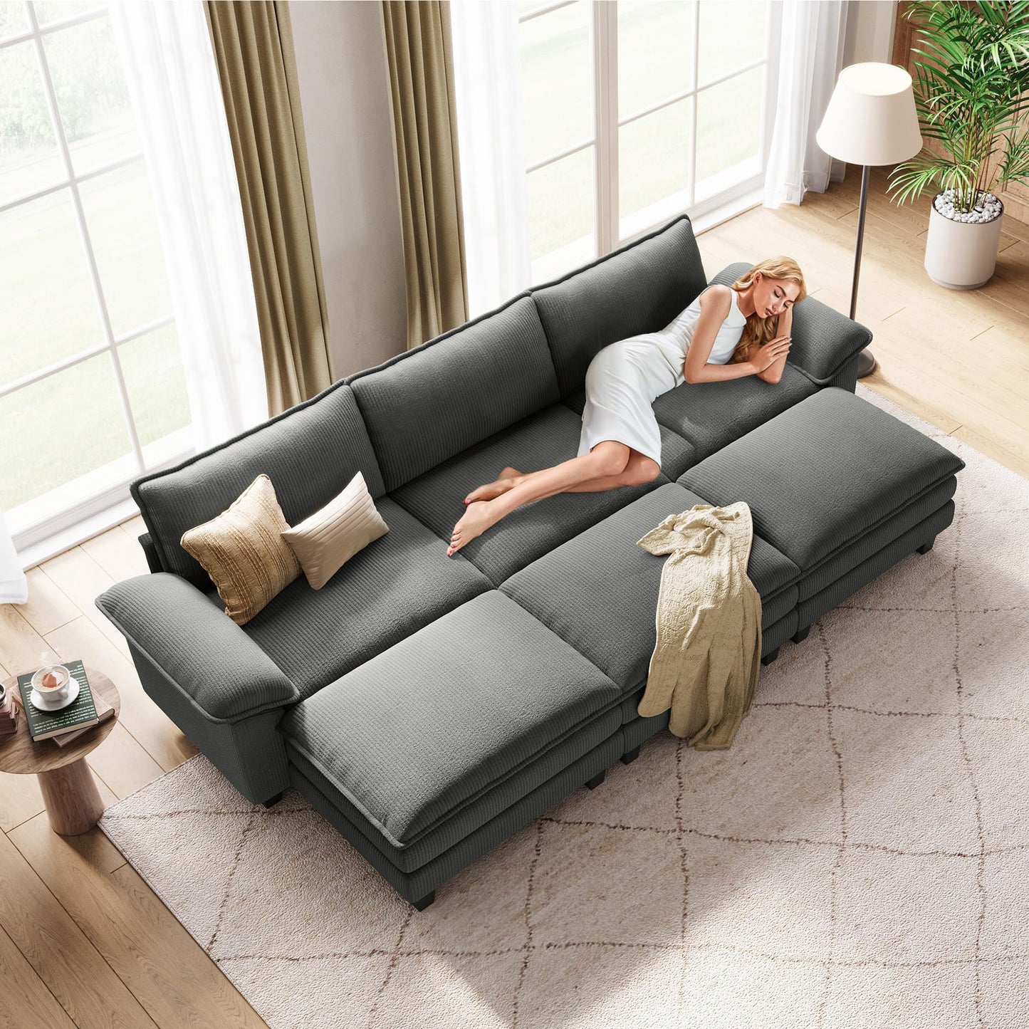 LINSY HOME Modular Sectional Sofa - 123 Inch Oversized Corduroy Cloud Couch with Movable Ottoman Soft Modern Comfy Sofa Set for Living Room Apartment Office, Grey