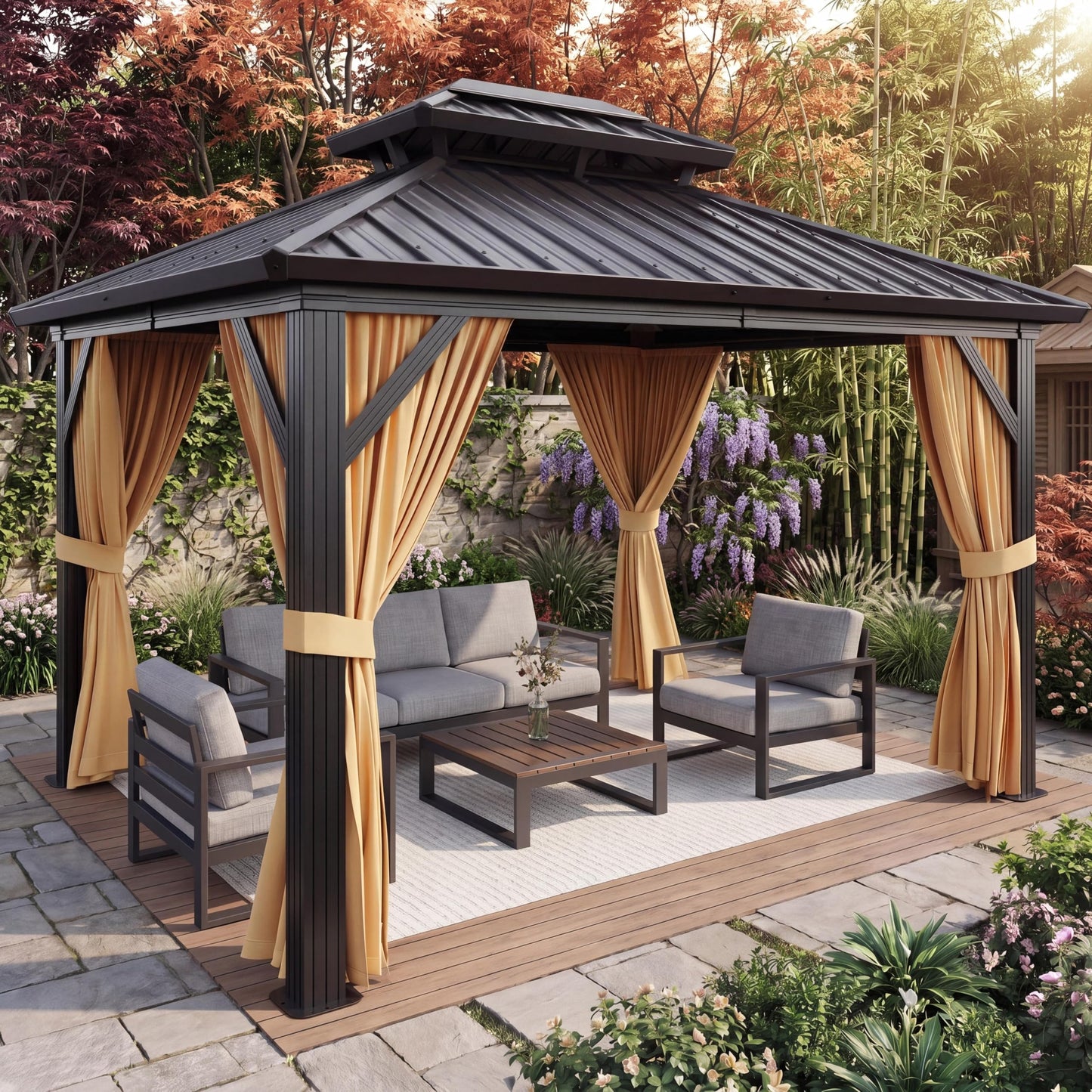 10 x 12 ft Hardtop Gazebo, Galvanized Steel Double Roof with Curtains and Netting, Aluminum Frame Patio Gazebo for Patio, Garden and Lawn