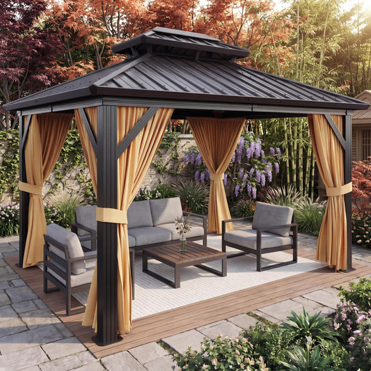 10 x 12 ft Hardtop Gazebo, Galvanized Steel Double Roof with Curtains and Netting, Aluminum Frame Patio Gazebo for Patio, Garden and Lawn