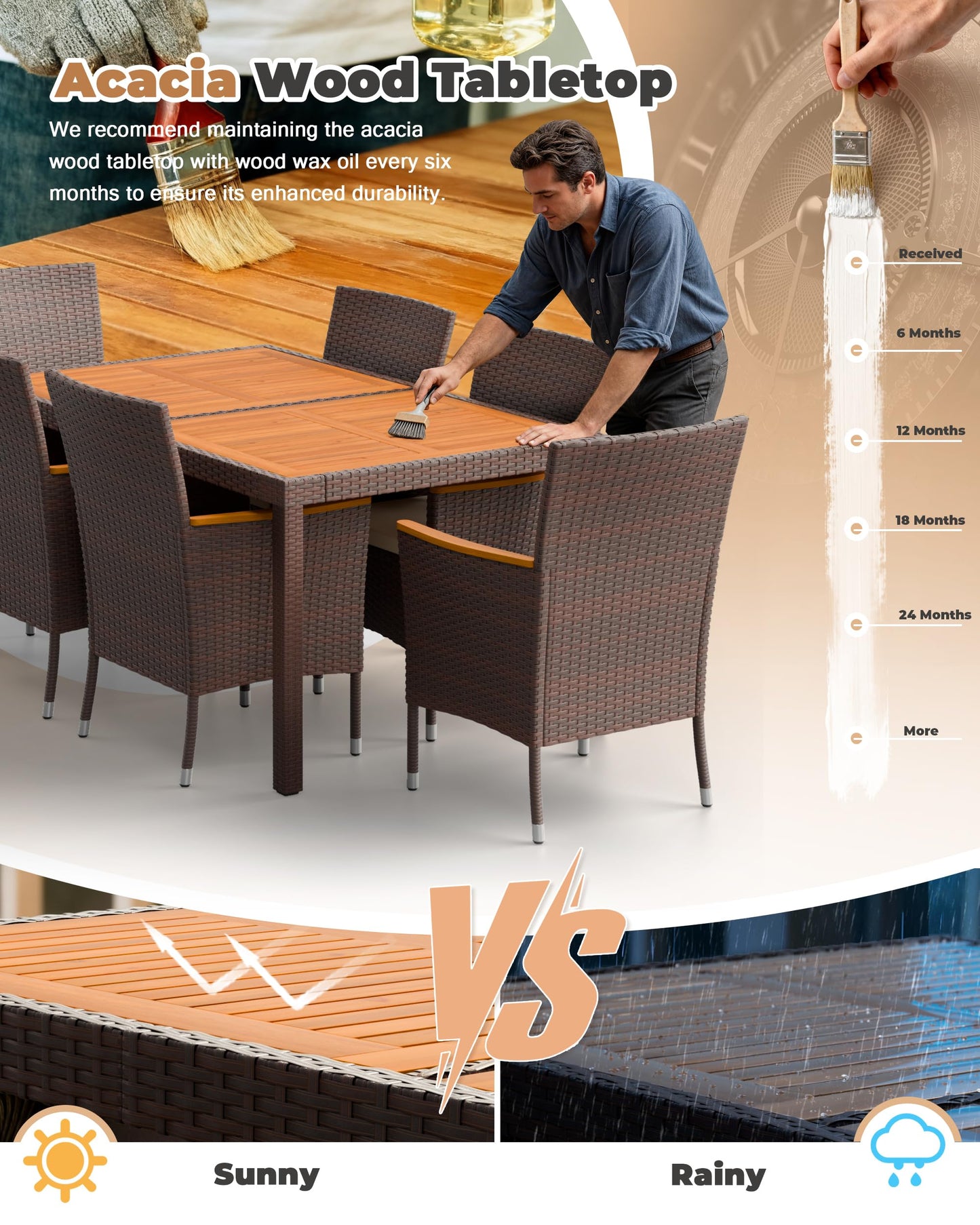 Flamaker 7 Piece Patio Dining Set Outdoor Acacia Wood Table and Chairs with Soft Cushions Wicker Patio Furniture for Deck, Backyard, Garden (Brown)