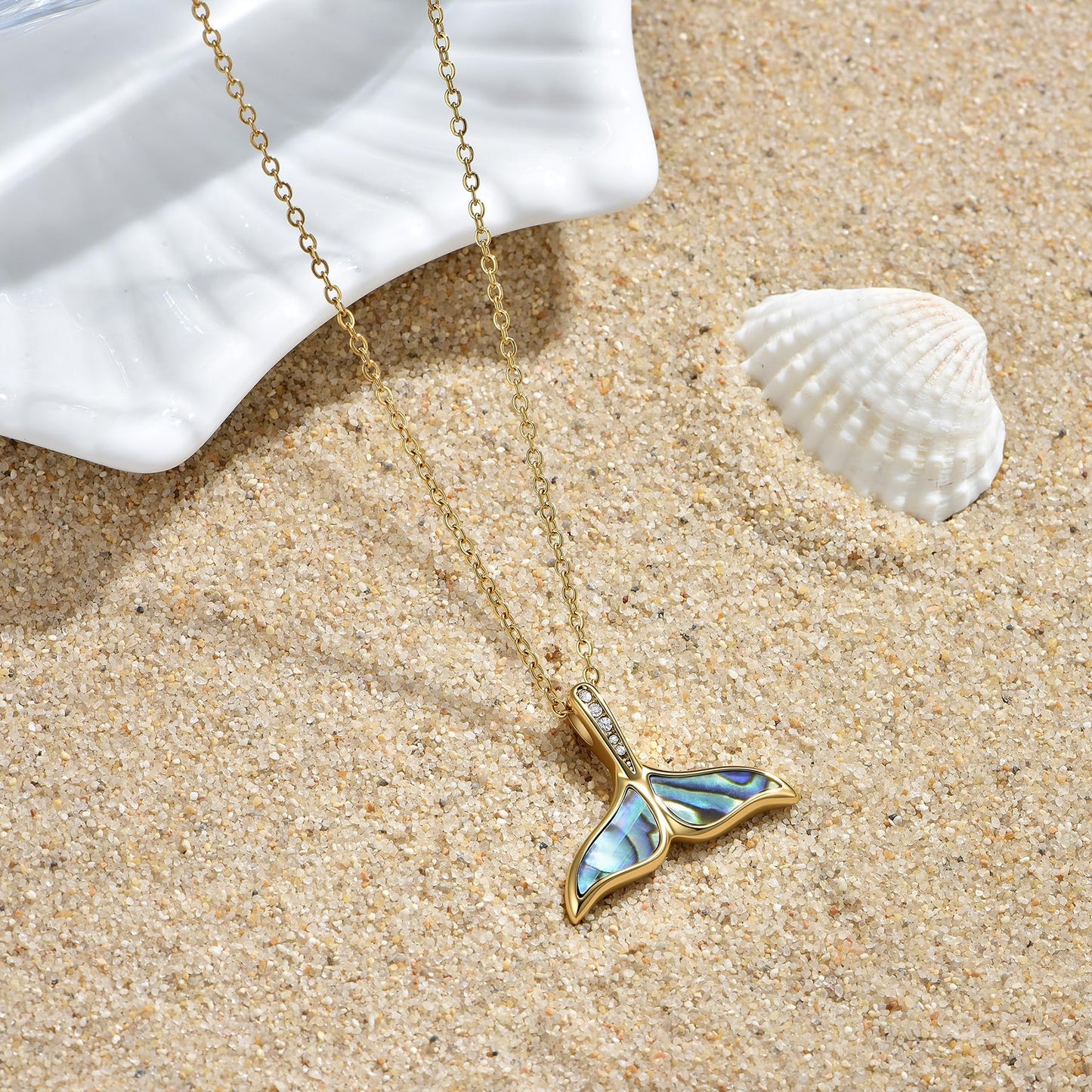 NUZON Abalone Shell Whale Tail Necklace for Women - 18K Real Gold Plated Stainless Steel Dainty Mermaid Tail Pendant Tropical Vacation Necklace, Hypoallergenic Waterproof Adjustable Beach Layering Jewelry Gift 16’’