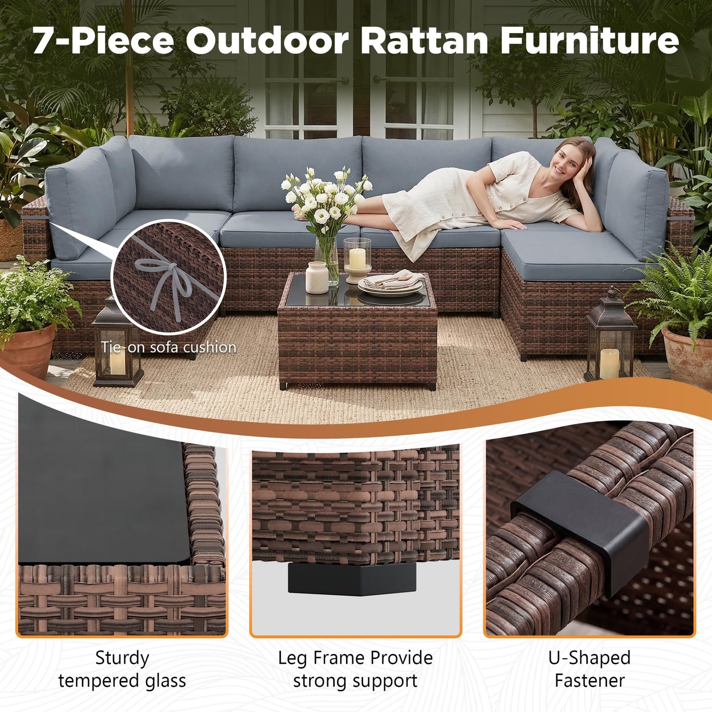 LHBcraft 7 Pieces Outdoor Wicker Rattan Patio Furniture with Rain Cover, Wicker Rattan Outdoor Sectional Sofa Set with Coffee Table & Blue Cushions for Garden, Poolside