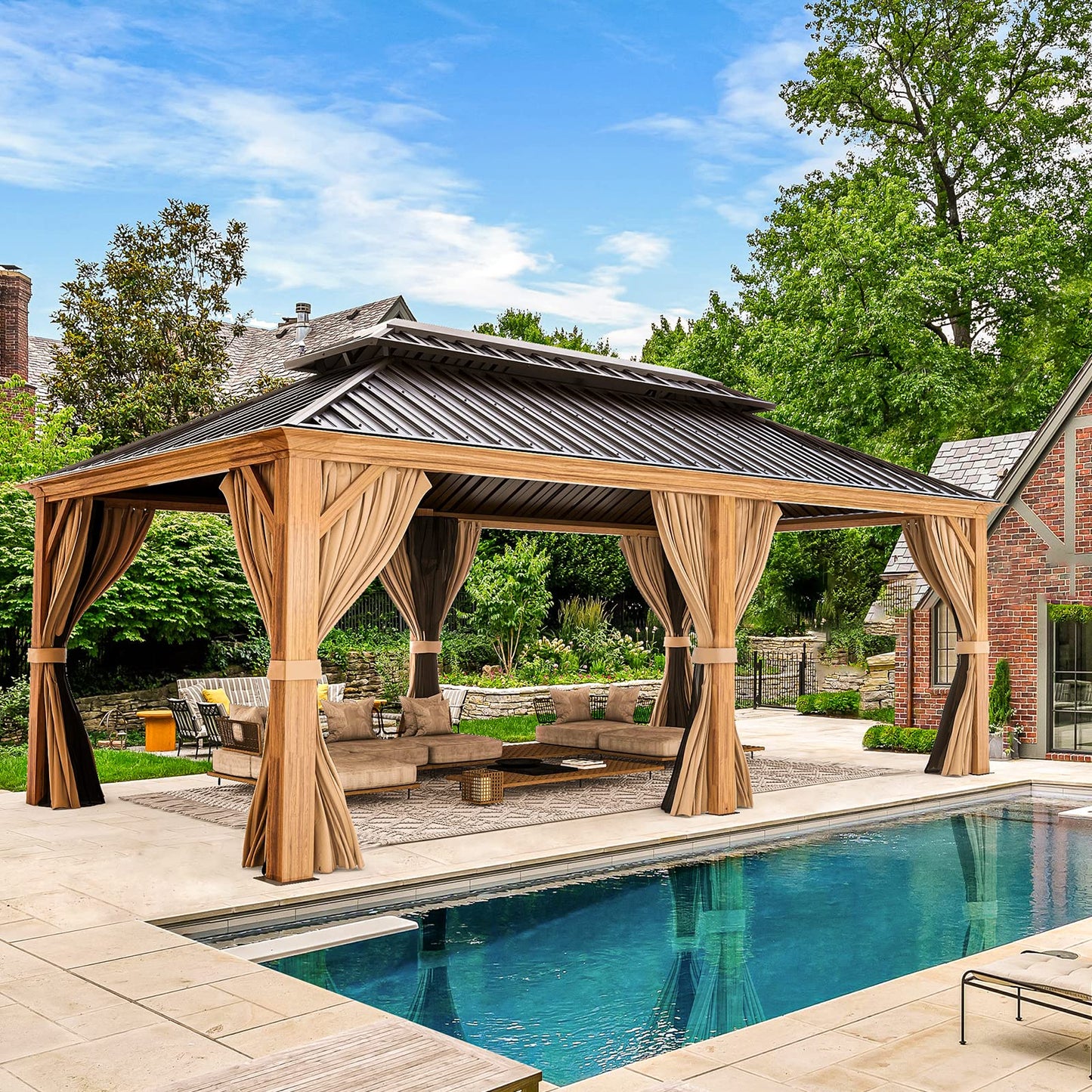 YOLENY 12'x20' Gazebo, Galvanized Steel Double Roof with Wood Grain Aluminum Frame, Outdoor Permanent Metal Pavilion with Curtains and Nettings for Patio, Backyard and Deck