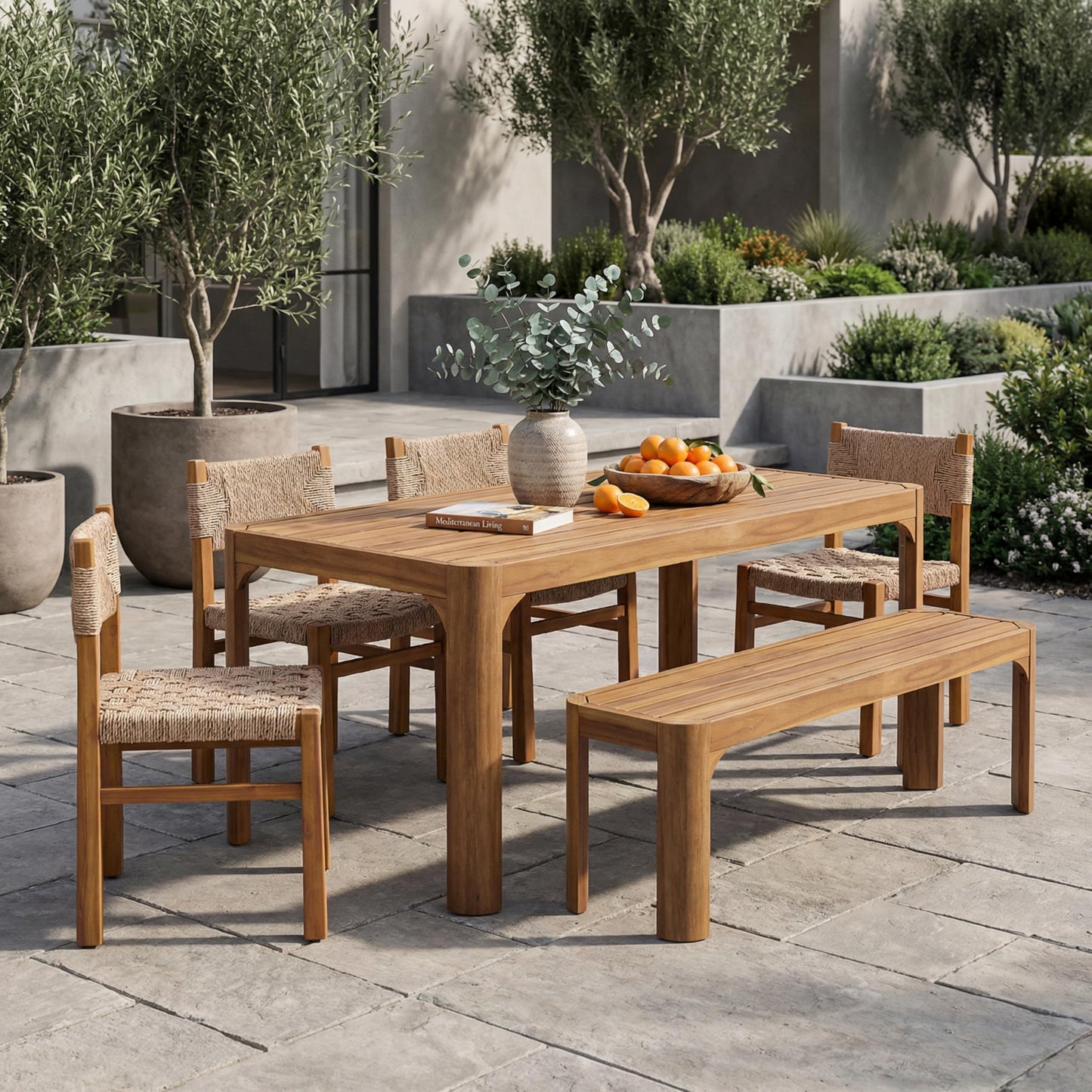 Christopher Knight Home 6 Piece Outdoor Acacia Wood Patio Dining Set, 70 Inch Rectangular Table with 4 Wicker Dining Chairs and Bench, Teak Finish Patio Table and Chairs Set for Garden Backyard Deck