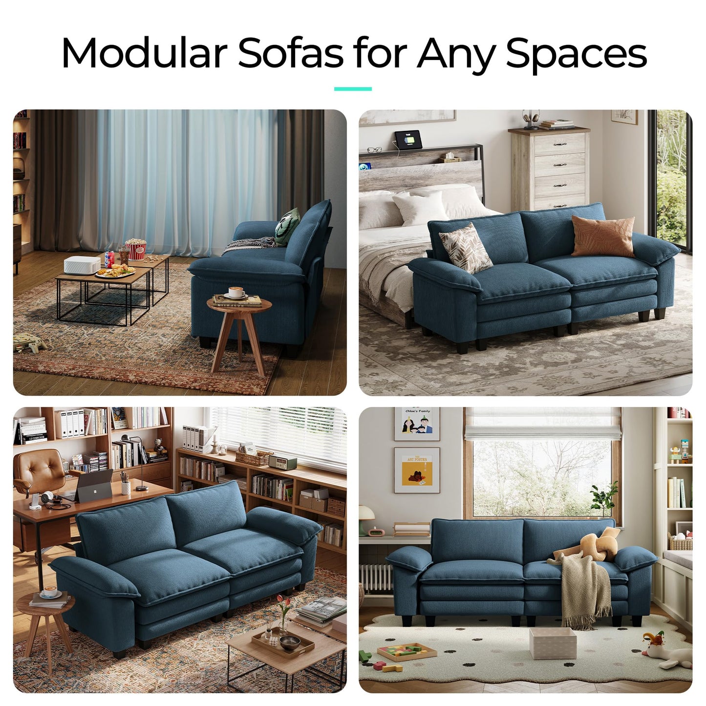 LINSY HOME 90'' Cloud Loveseat Sofa, Modular Sectional Couches Corduroy Cloud Couch Soft Modern Comfy Love Seat Sofa Set for Living Room Apartment Office, Blue