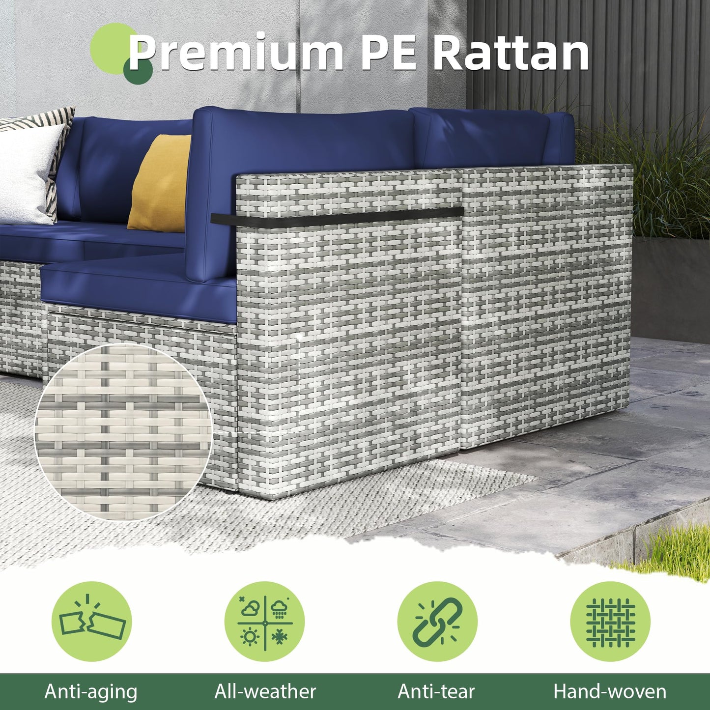 PATIOPIA 7-Piece Outdoor Sectional Sofa Set, Weather-Resistant Patio Furniture Set with Washable Cushions and Coffee Table, Grey Rattan Patio Conversation Set for Poolside, Backyard, Deck (Navy Blue)