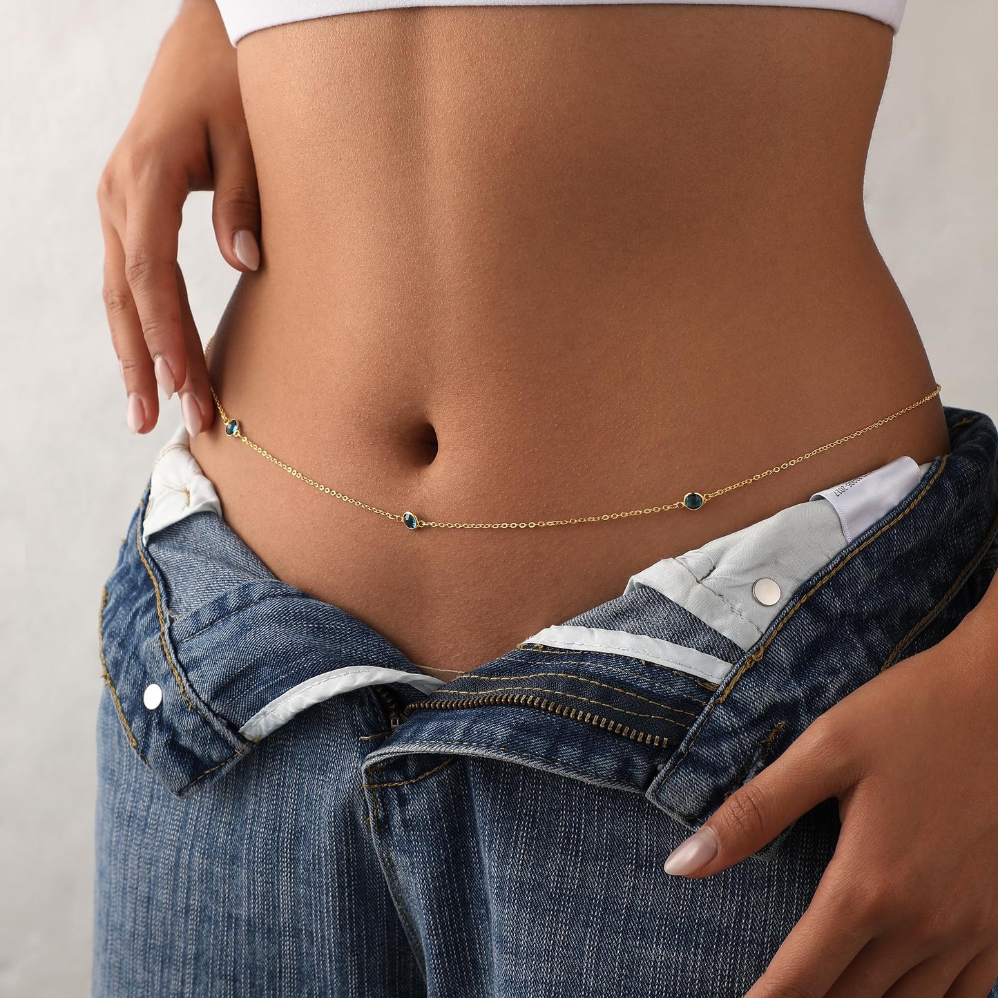 Waist Chain for Women 14K Gold Plated Body Jewelry Waist Chains Single Layer Three Dark Blue Round Diamond Gold Belly Chain Belly Belt Chains Sexy Adjustable Bikini Body Jewelry Daily Gifts for Women