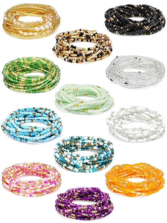 Fumete 12 Pcs Waist Beads Set Handmade African Belly Beads Chain Plus Size Body Jewelry Non Stretching Belly Chain for Women(Vintage,70 Inch)