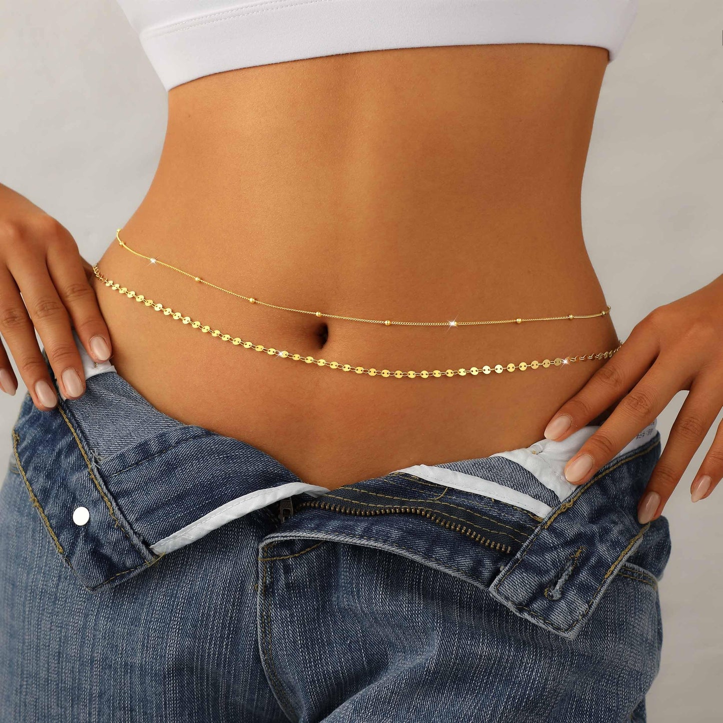 JIKASI 14K Gold Plated Waist Chain for Women Dainty 2Pcs Layered Belly Chain Beaded Sequin Disc Body Chain Belt Set Waterproof Summer Beach Bikini Jewelry Accessories Adjustable Waist Beads Gift