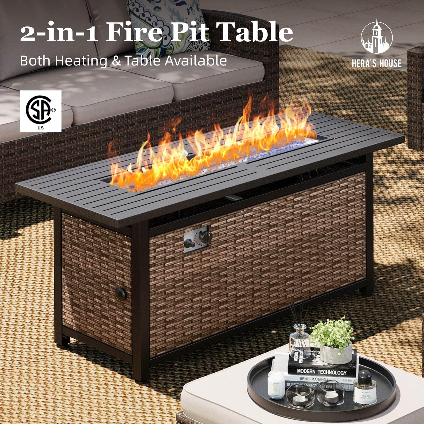 HERA'S HOUSE Swivel Glide Patio Furniture Set with 56" Fire Pit Table, 6 Pieces Outdoor Wicker Sectional Conversation Sofa Sets for Lawn Backyard Deck, Beige