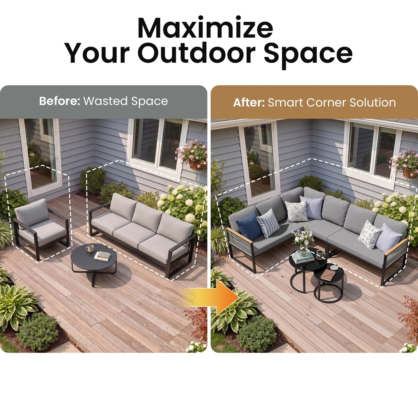 Crestlive 6 Piece Patio Furniture Set, Modern L-Shaped Outdoor Sectional Sofa with Nesting Tables, 4 Inch Thick Cushion, All Weather Resistant Outdoor Furniture Set for Backyard Patio Garden