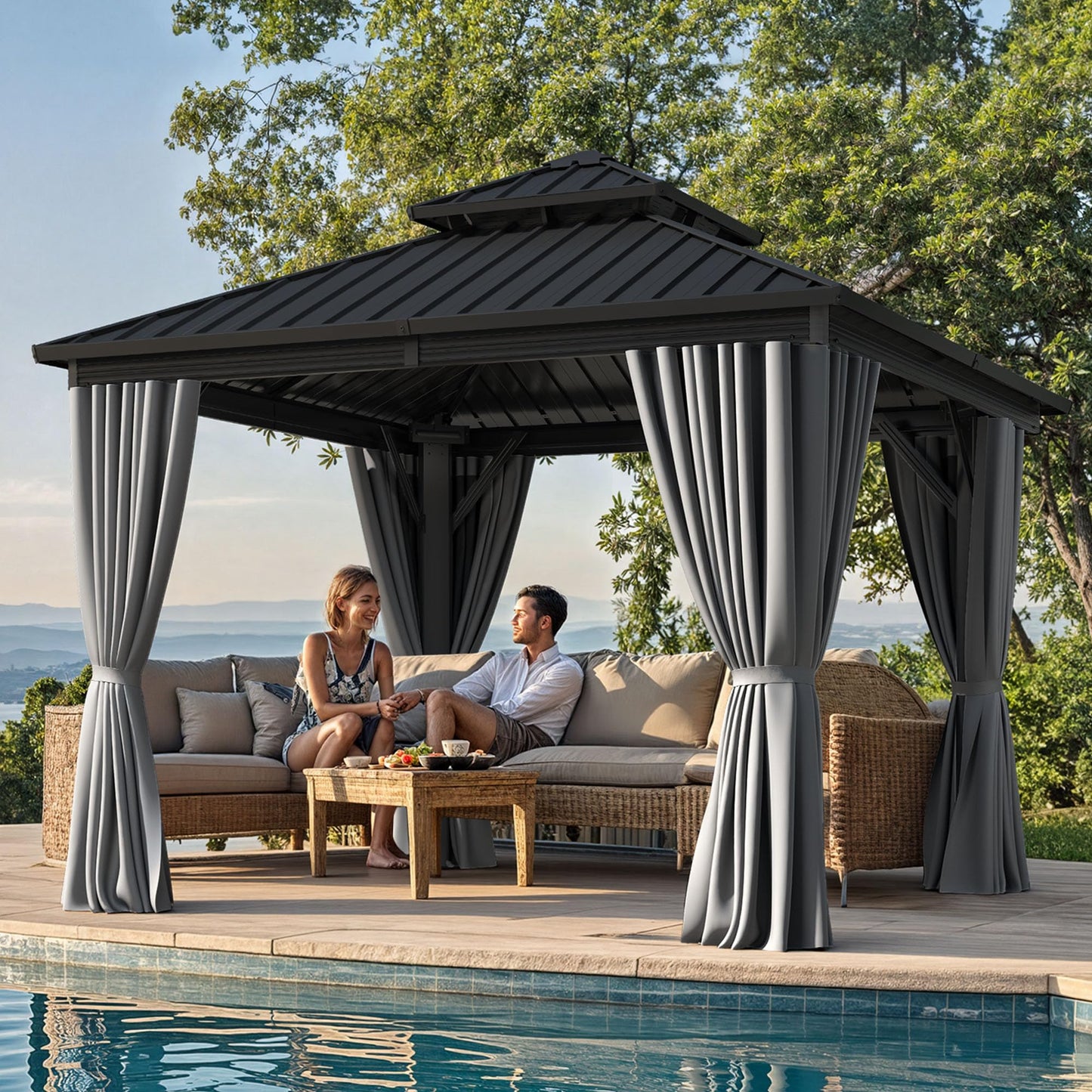 YITAHOME 10X10FT Hard Top Gazebo Patios Outdoor Double Roof Canopy Aluminum Frame Garden Gazebo with Curtains Netting for Backyards Decks Lawns, Gray