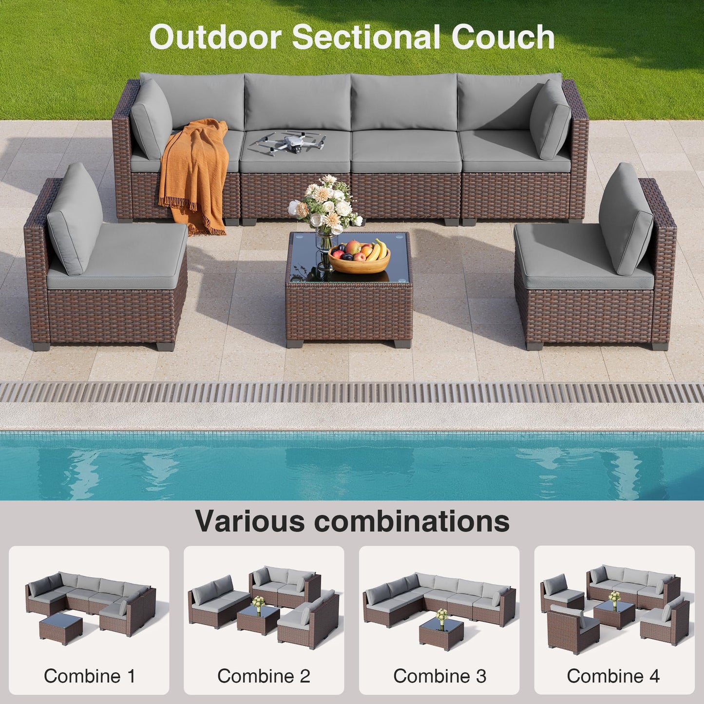 Qsun 7 Pieces Outdoor Patio Furniture Set, PE Rattan Outdoor Wicker Sectional Furniture Sofa Set, with Cushions and Glass Coffee Table, for Balcony, Porch, Garden, Grey