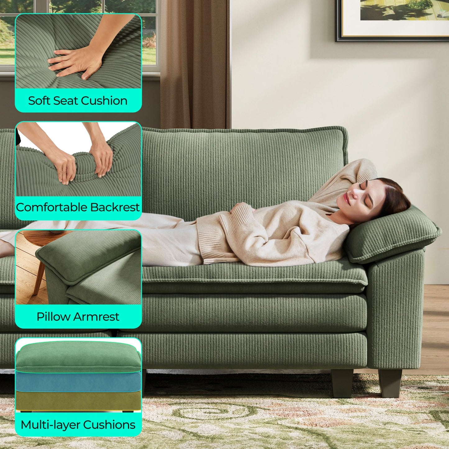 LINSY HOME 123'' Modular Sectional Sofa Green Couch Corduroy Cloud Couches for Living Room, L Shaped Couch with Movable Ottoman, Modern Cloud Sectional Sofas for Bedroom and Apartment, Green