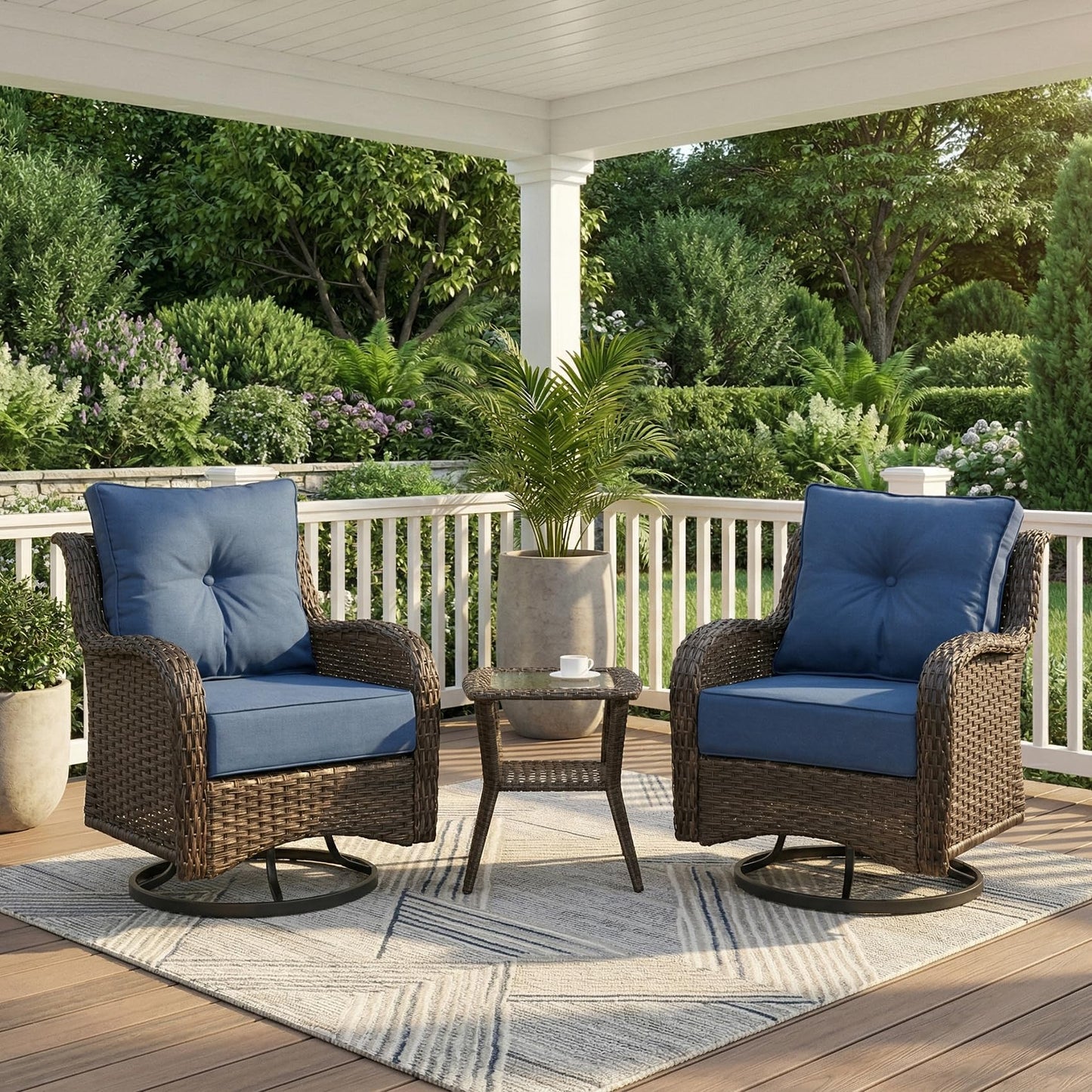SAILARY Patio Furniture Set, 3PCS Outdoor Wicker Conversation Set Porch Furniture with 6" Thick Cushions, High Back Swivel Chairs, Weather Resistant Olefin Fabric for Garden, Poolside, Navy Blue