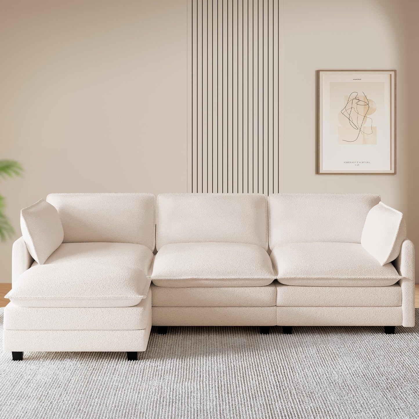 ROWHY 112'' Modular Sectional Cloud Couch with Movable Ottoman, 4 Seat Modern Chenille Sofa with 2 Throw Pillows, Deep Seat L Shaped Couch for Living Room Bedroom Apartment, Beige