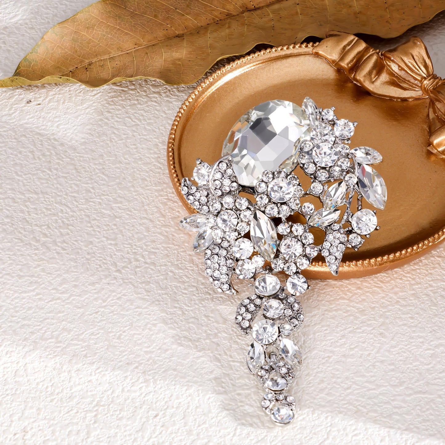 SELOVO Long Flower Brooch Pin for Women Wedding Bridal Party Clear Rhinestone Brooch Pendant