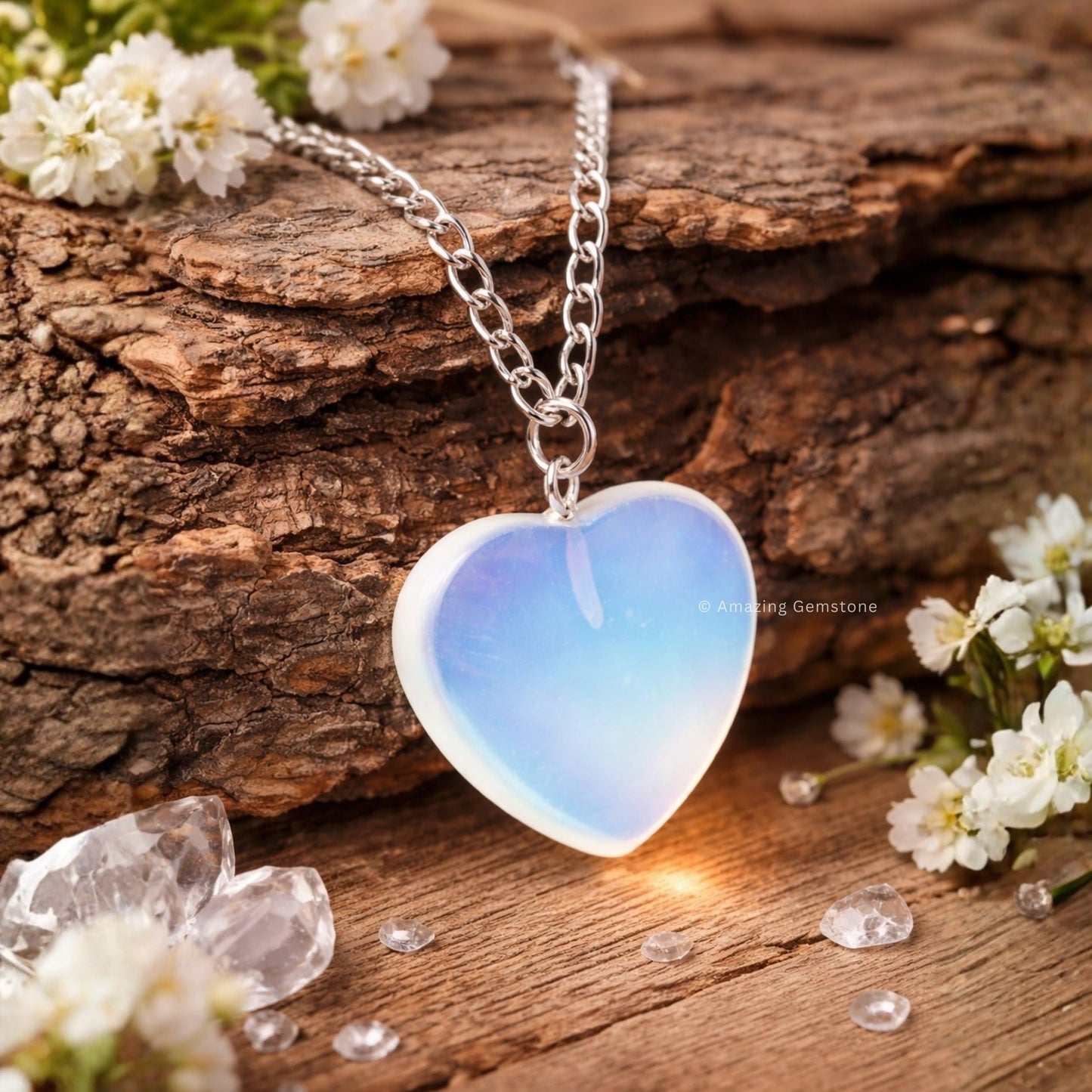 Opalite Neck lace - Healing Crystal Neck lace with Opalite Heart by Taylor - Elegant Jewelry for Energy Balance and Spiritual Healing - Gift for Women on Mothers Day, Christmas, Valentine (Flat Heart)