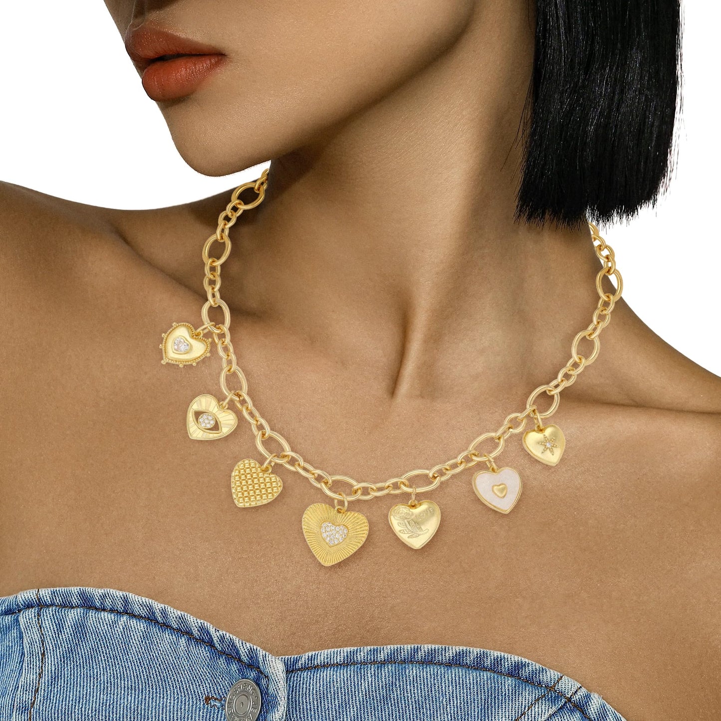 BONJOULRY Gold Heart Necklaces For Women With Different Charms Gold Charm Sun Heart Evil Eyes Necklace Coin Charms Fashion Jewelry Gift