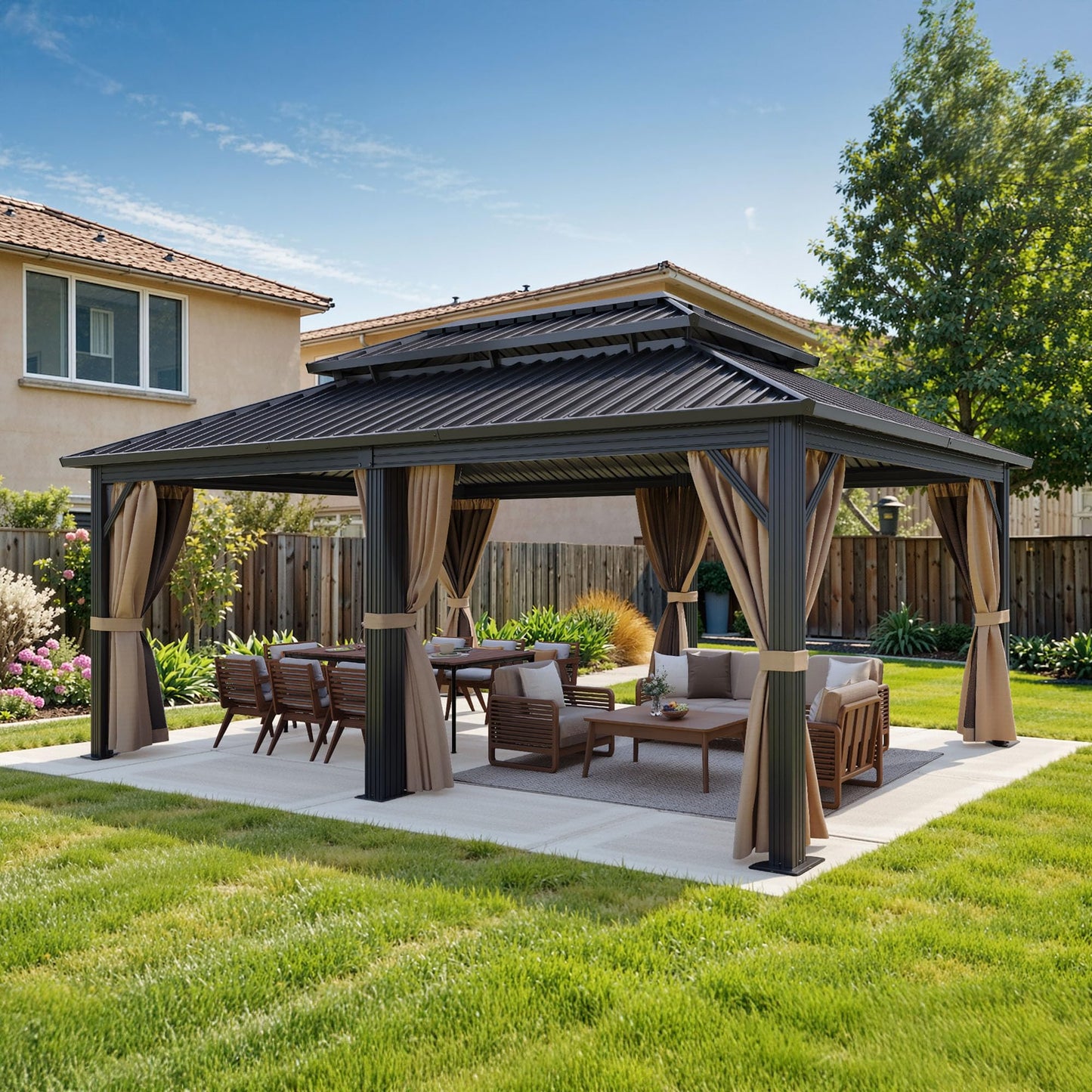 DWVO 20x12ft Aluminum Gazebo Hardtop Double Roof Canopy Outdoor Gazebo Galvanized Roof with Netting and Curtain Garden Tent for Patio, Backyard and Deck