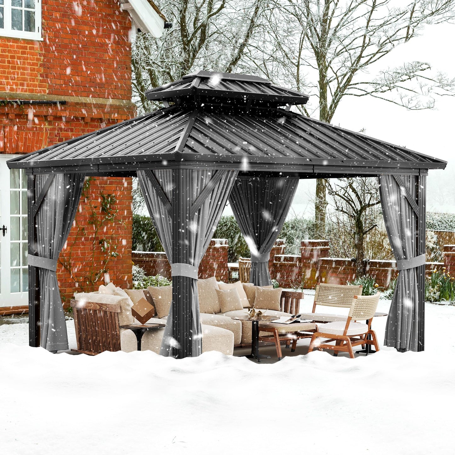 10' x 12' Aluminum Hardtop Gazebo with Double Metal Roof, All-Weather Permanent Outdoor Canopy with Netting & Curtains for Patio, Backyard, Deck, and Lawn