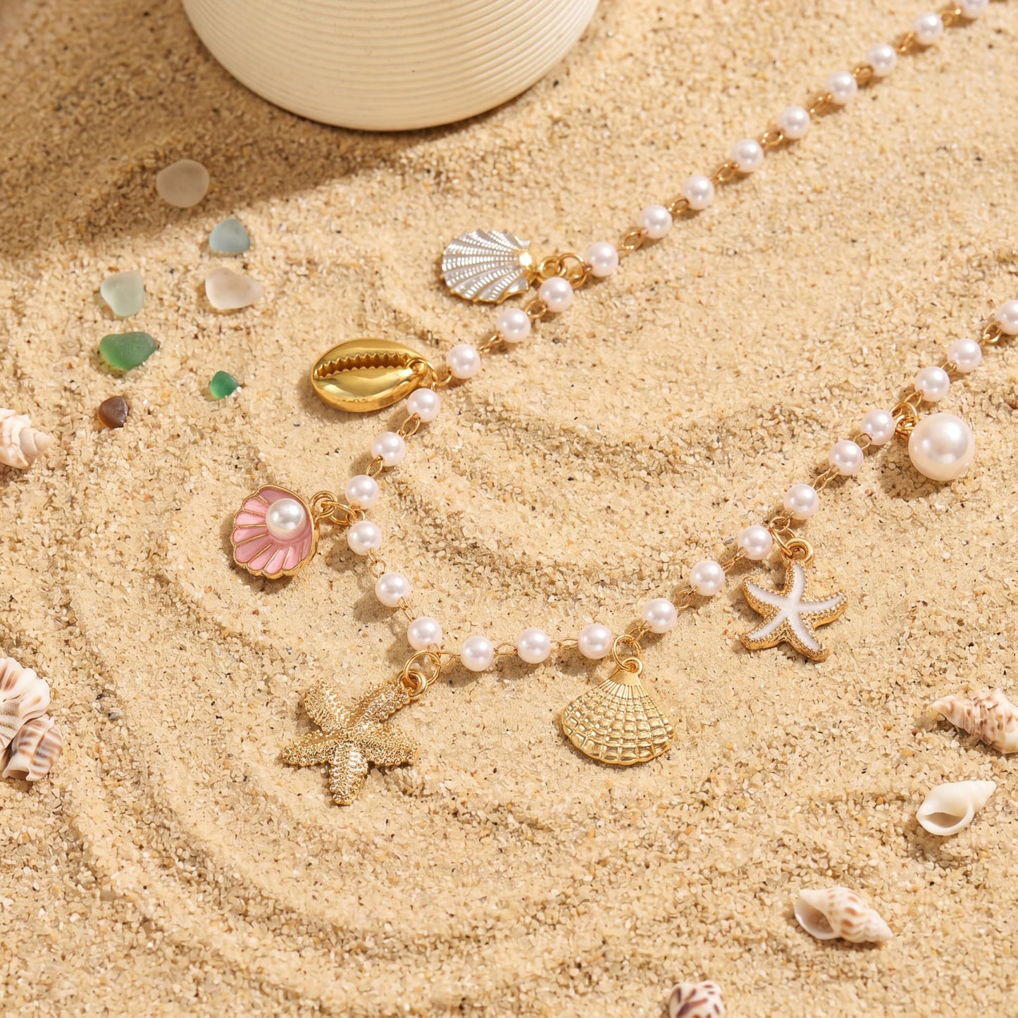 Shell Starfish Necklace for Women, 14k Gold Plated Boho Layered Beaded Charm Pendant Necklace, Dainty Adjustable Pearl Conch Summer Beach Vacation Jewelry Gifts(Pink Shell)