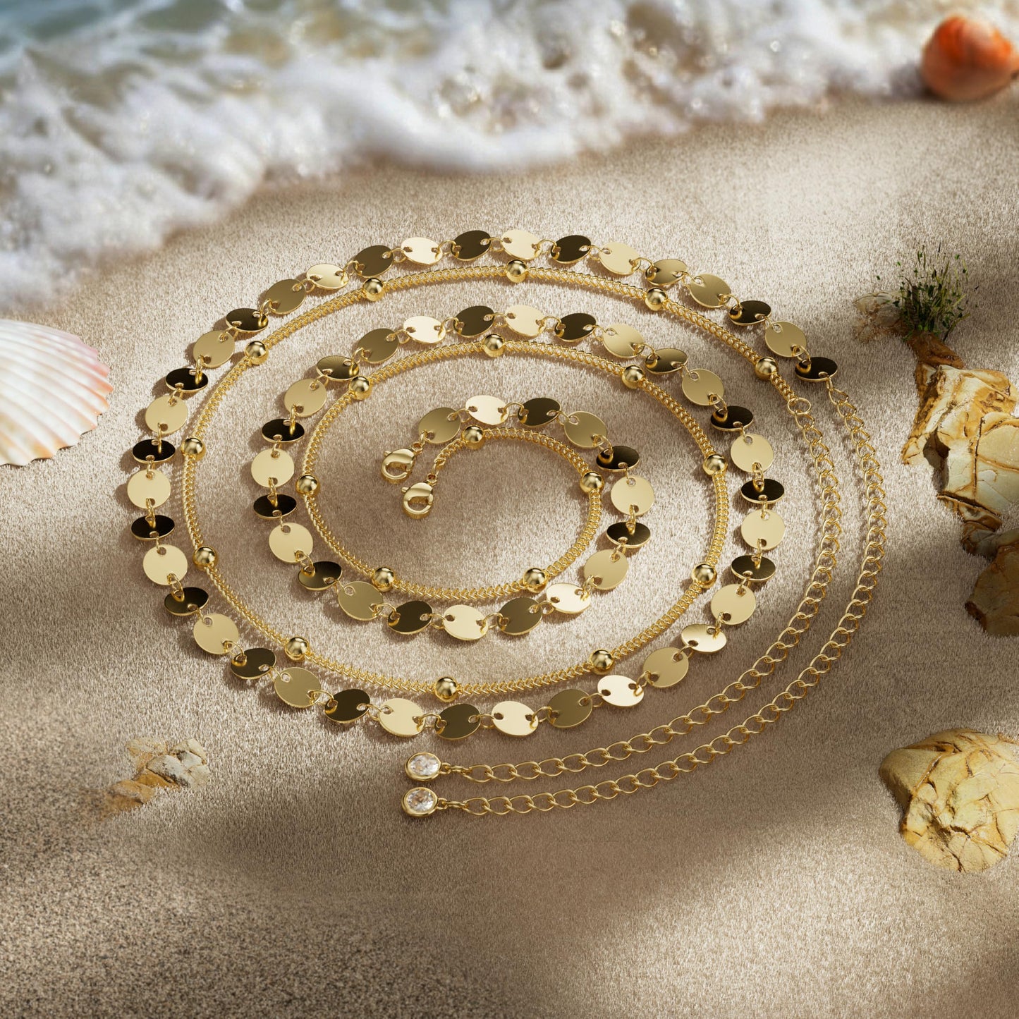 MOODEAR 14K Gold Plated Waist Chain for Women – Double 2PC Belly Bead Body Chain Belt, Cuban Beads & Disc Chain Design, Waterproof Summer Beach Jewelry for Bikini, Dress & Vacation
