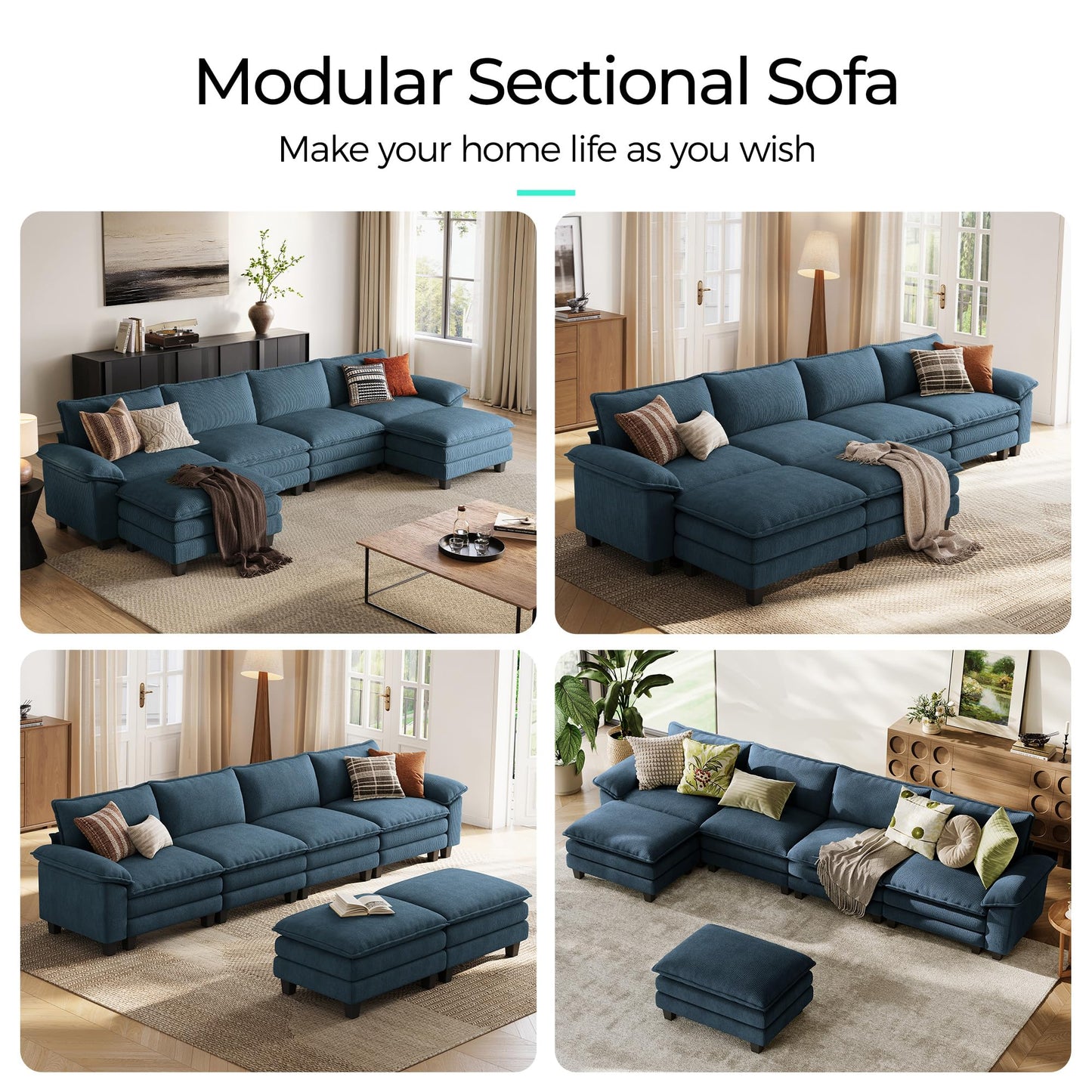 LINSY HOME 157'' Modular Sectional Sofa Blue Couch Corduroy Cloud Couches for Living Room, U Shaped Couch with Movable Ottoman, Modern Cloud Sectional Sofas for Bedroom and Apartment, Blue