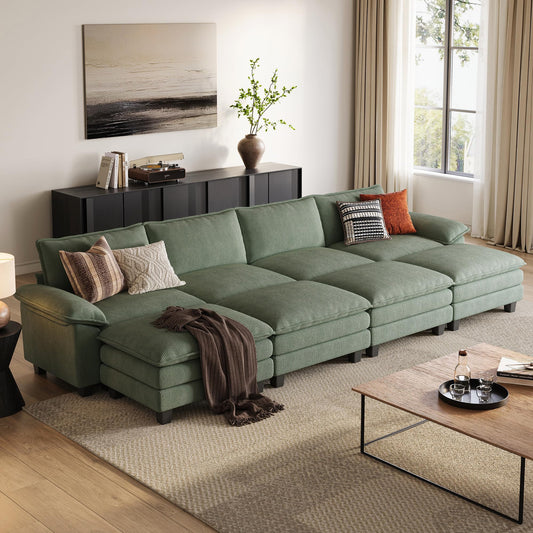 LINSY HOME Modular Sectional Sofa - 157 Inch Oversized Corduroy Cloud Couch with Movable Ottoman Soft Modern Comfy Sofa Set for Living Room Apartment Office (Green, 4-Seat & 4-Ottoman)