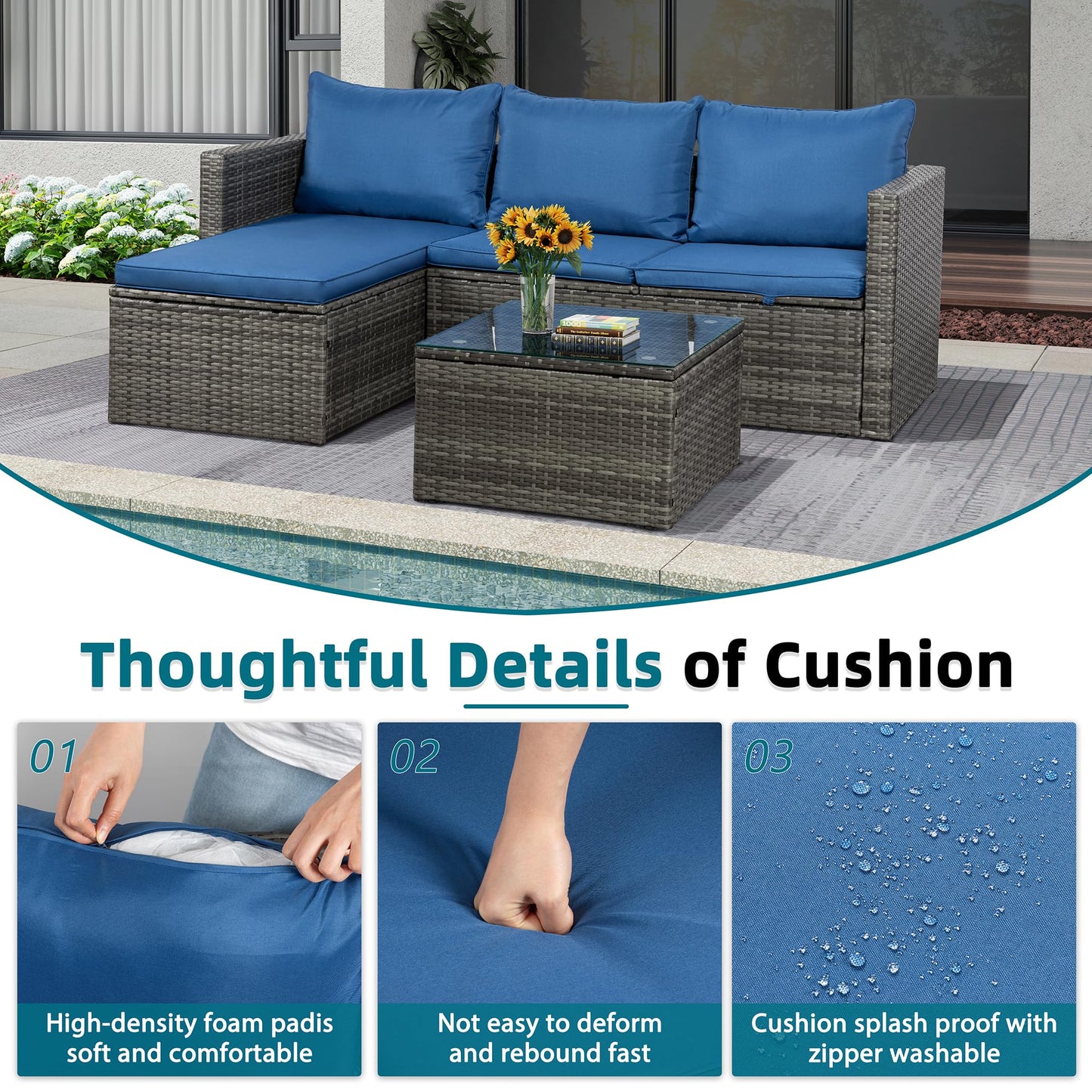 SUNLEI Small Outdoor Sofa Patio Furniture Set with Detachable Cushions, 3 PCS Patio Sectional Sofa with Coffee Table & 5 Position Adjustable,PE Rattan Patio Conversation Set, Silver Rattan/Royal Blue