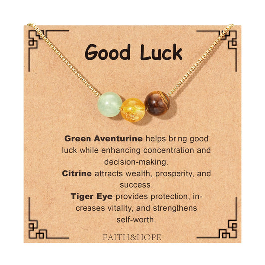Suarlly Healing Crystal Necklace for Women 14k Plated Gold Beaded Necklace Tiger Eyes Relief Triple Protection Good Luck Gifts for Friends Sister Mom Daughter Jewelry