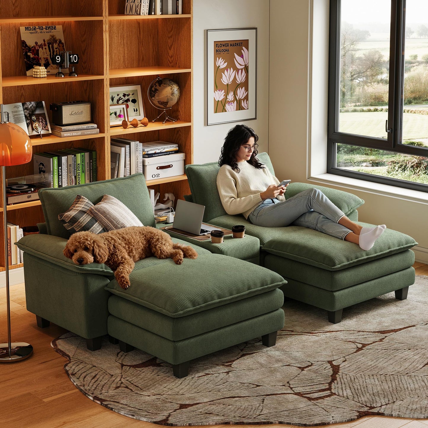 LINSY HOME Modular Sectional Sofa for Living Room, Corduroy Cloud Couch with Storage Console, USB Charging, Cup Holders, Comfy Modern Modular Cloud Couches with Movable Ottoman (Green)