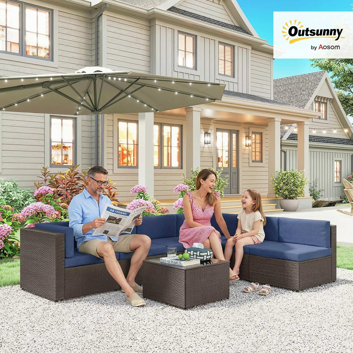 Outsunny 7 Piece Patio Furniture Set, Wicker Outdoor Sectional Sofa Set, All Weather PE Rattan Outdoor Furniture Conversation Sets with Cushions, Glass Top Coffee Table, Dark Blue
