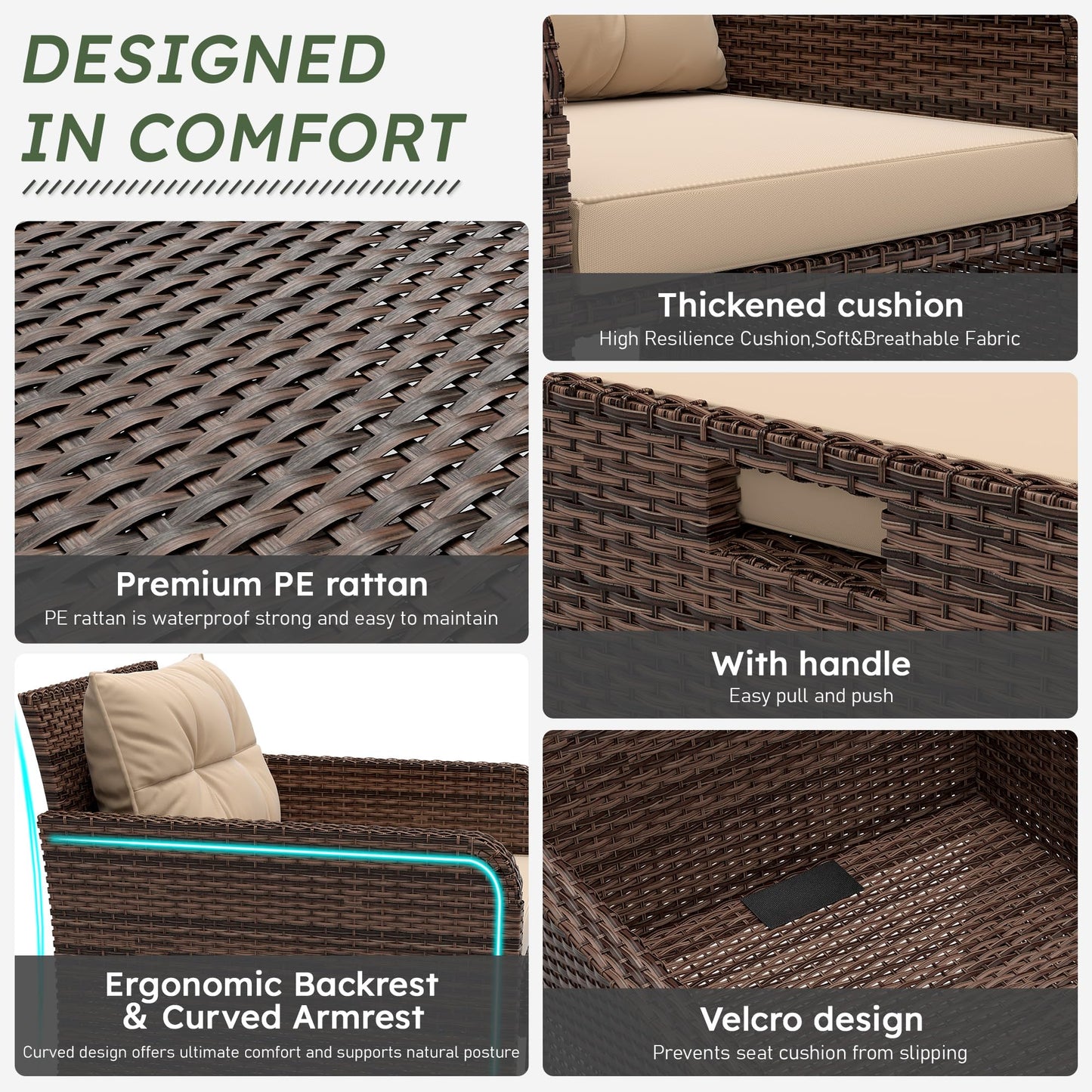 LHBcraft Outdoor Furniture 5 Piece Patio Conversation Set, PE Rattan Patio Set with Soft Cushions & Coffee Table, Outside Furniture with Hidden Ottoman for Porch, Lawn, Garden, Balcony, Brown