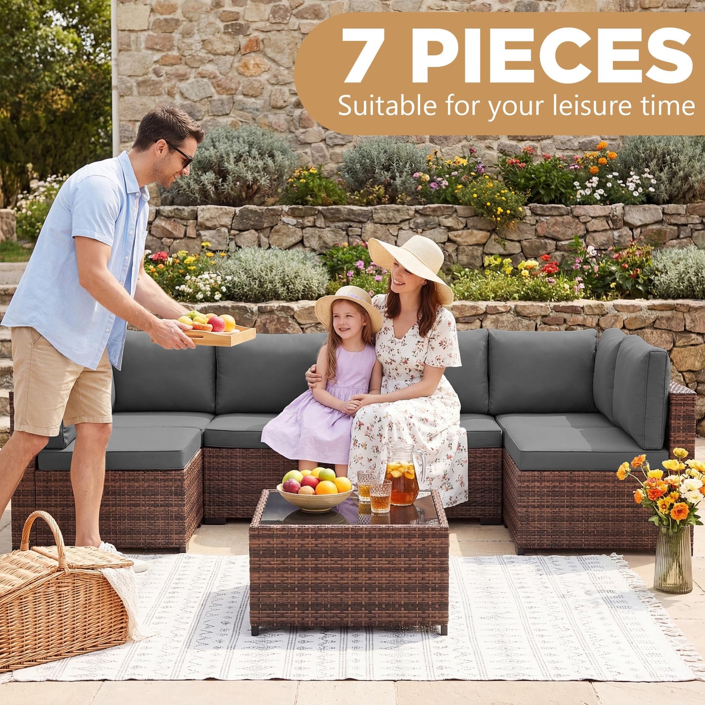 LHBcraft 7 Pieces Outdoor Wicker Rattan Patio Furniture with Rain Cover, Wicker Rattan Outdoor Sectional Sofa Set with Coffee Table & Gery Cushions for Garden, Poolside