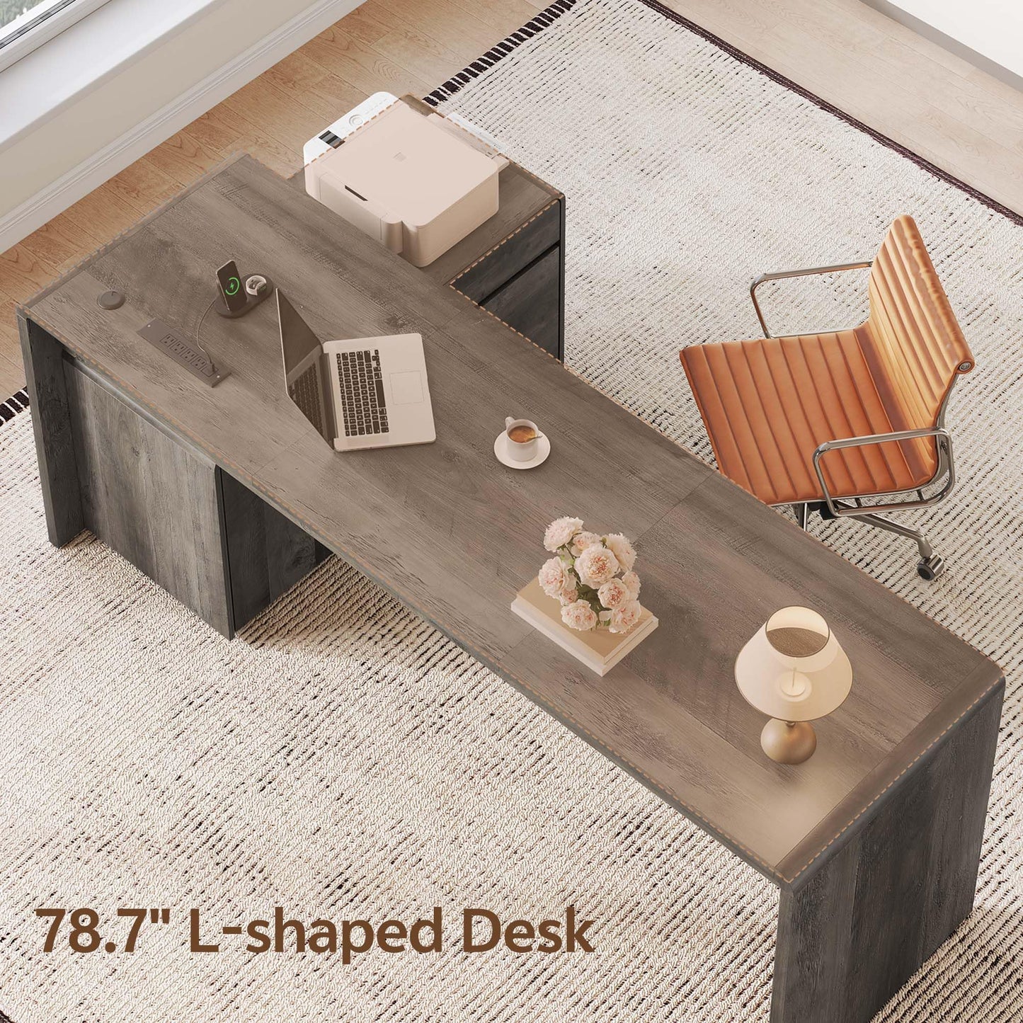 Homiflex Mid-Century Modern 78" L-Shaped Executive Desk with Independent Mobile File Cabinet, Large Home Office Desk with Drawers and 4 AC + 2 USB Power Outlets, Waterfall Edge Design, Oak Grey