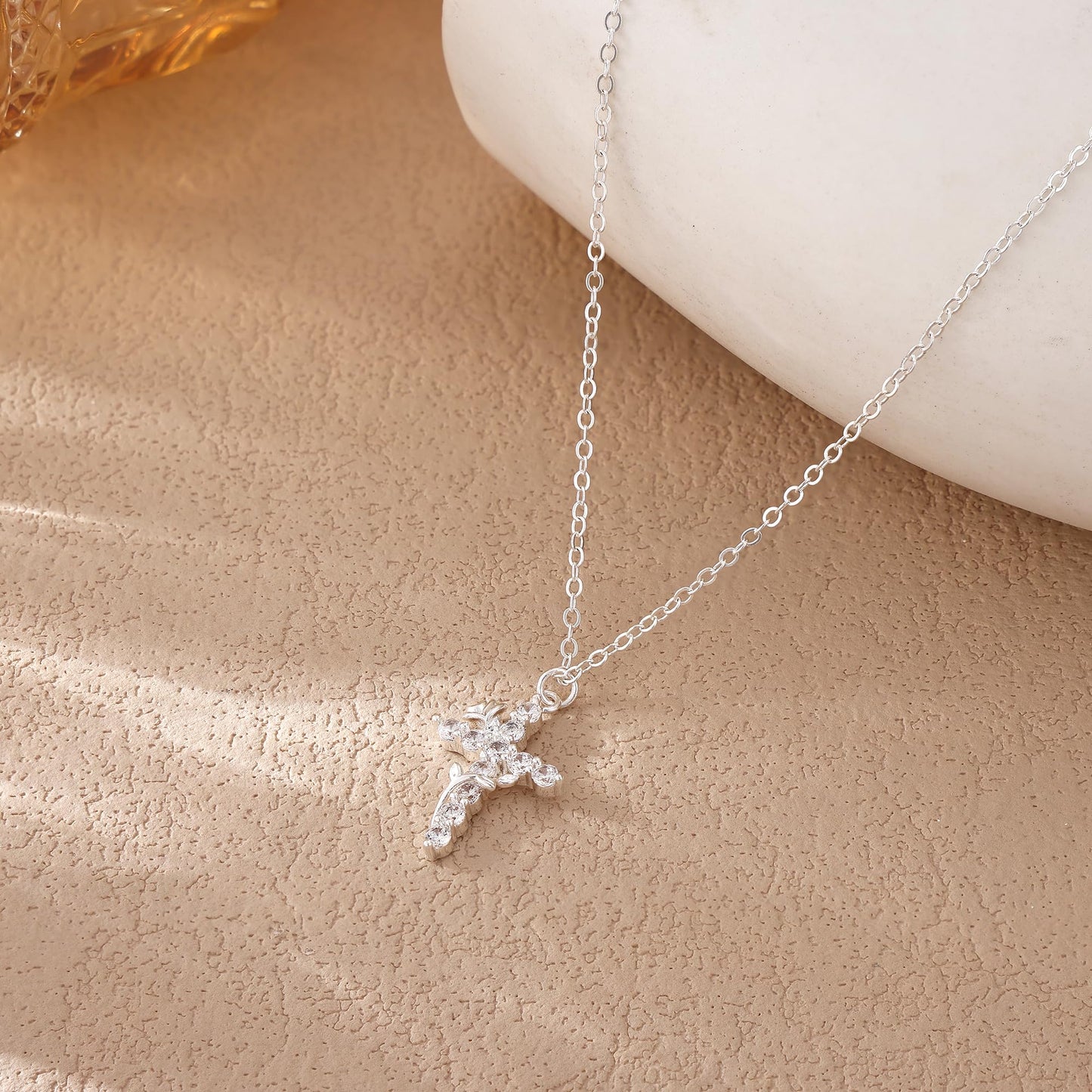 Robaice Flower Cross Necklace for Women, Sterling Silver Plated Dainty Cubic Zirconia Faith Cross Pendant, Christian Religious Jewelry Gifts