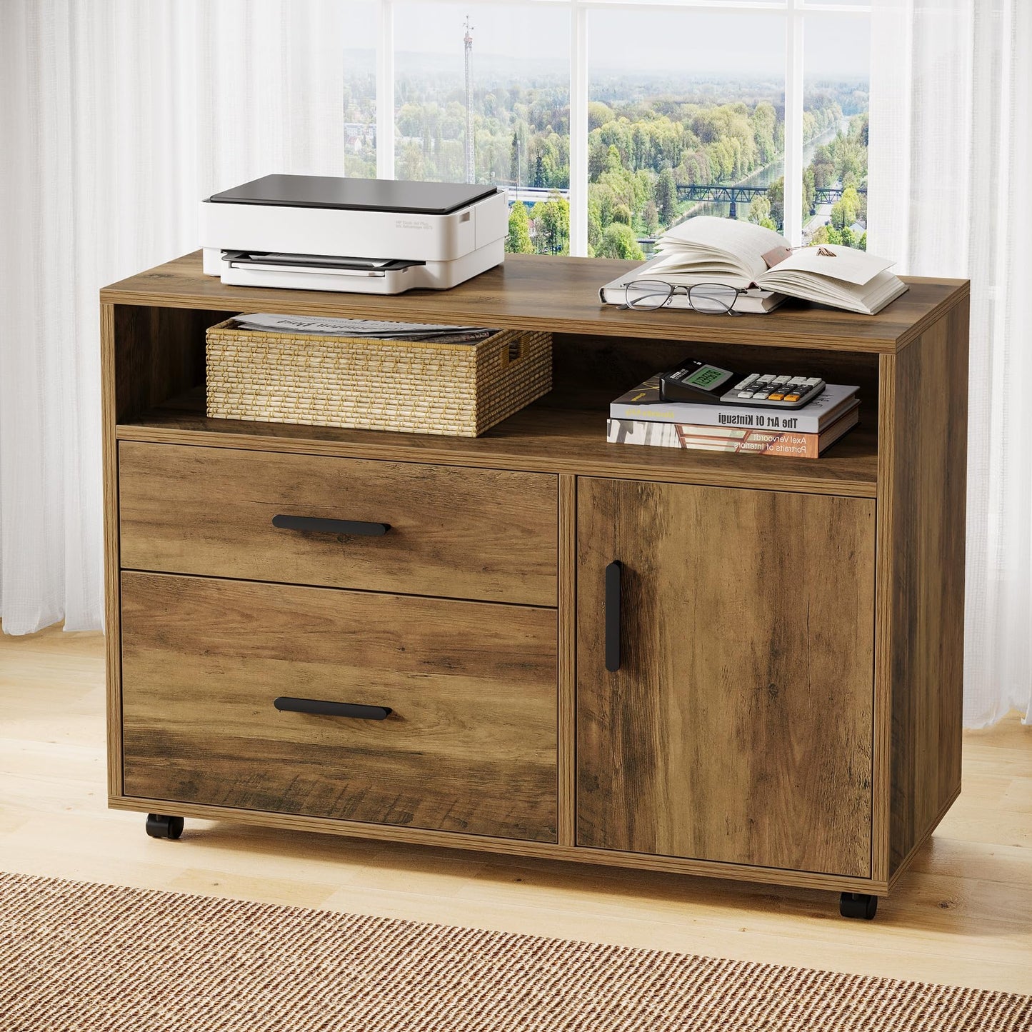 Tribesigns L Shaped Desk with Drawer Cabinet, 63" Executive Computer Desk and lateral File Cabinet, 2 Piece Home Office Furniture with Drawers for Hanging, Door (Rustic Brown, 63 inches)