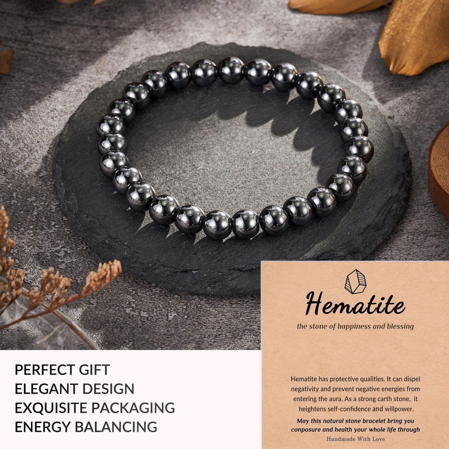 Seyaa Hematite Bracelet Natural Stone Beaded Stretch Bracelets Gifts for Men Bracelet