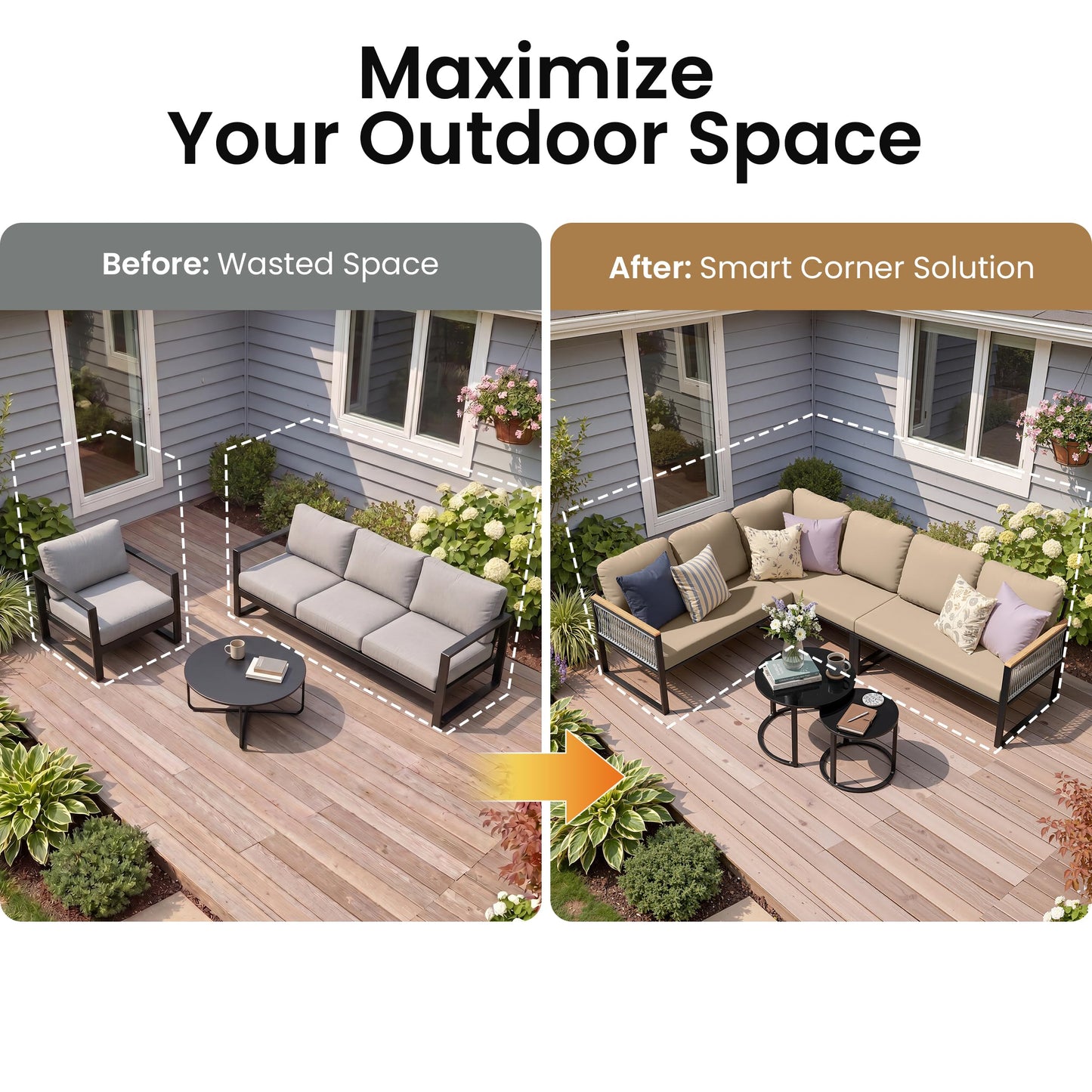 Crestlive 6 Piece Patio Furniture Set, Modern L-Shaped Outdoor Sectional Sofa with Nesting Tables, 4 Inch Thick Cushion, All Weather Resistant Outdoor Furniture Set for Backyard Patio Garden