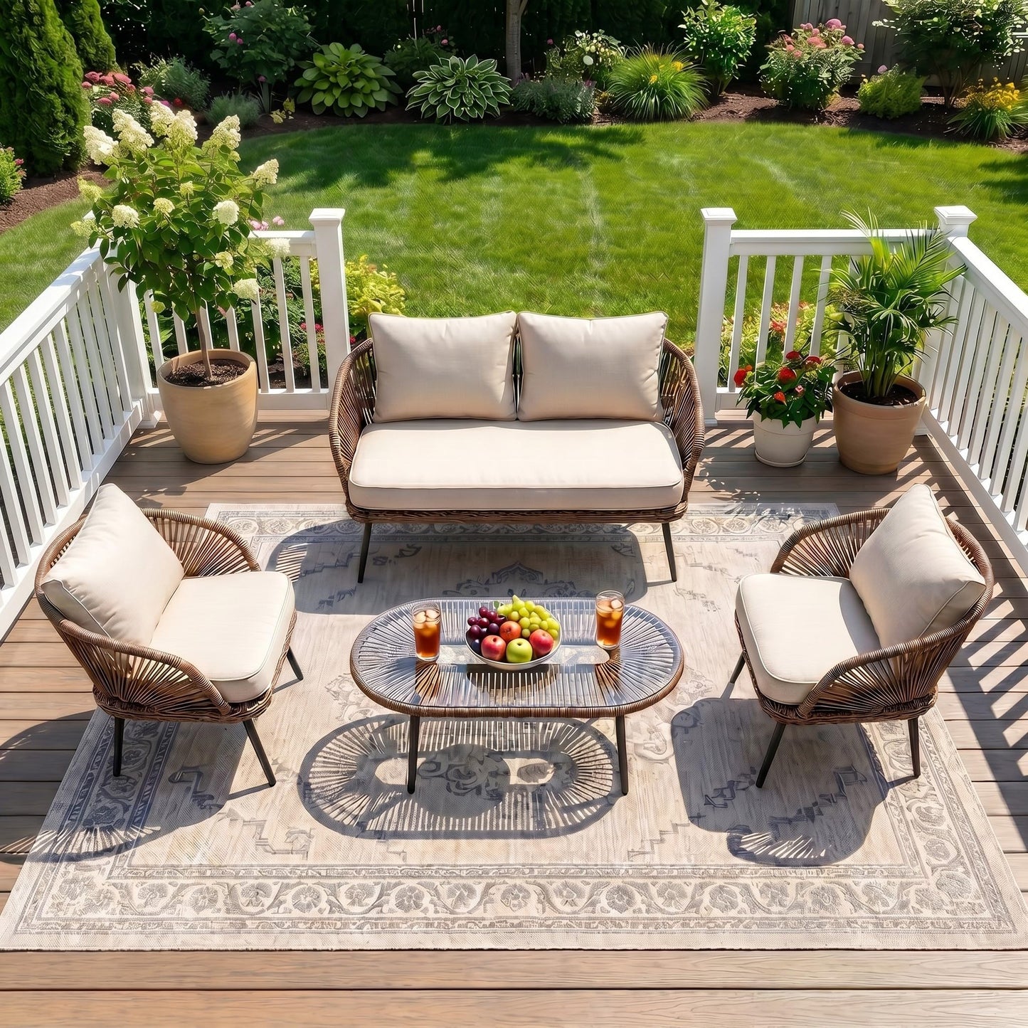LITTLE TREE Wicker Patio Furniture Set with Coffee Table, 4 Piece Patio Sectional Furniture Set with Removable Cushions, Outdoor Conversation Set for Backyard, Garden, Porch, Balcony, Easy Assembly