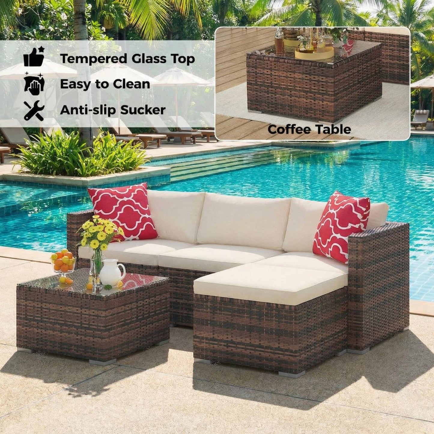 GarveeTech 5 Pieces Patio Furniture Set, All Weather Wicker Rattan Sectional Sofa, Outdoor Patio Furniture Set with Washable Cushions for Garden, Backyard, Porch, Poolside (Brown&Beige) ﻿