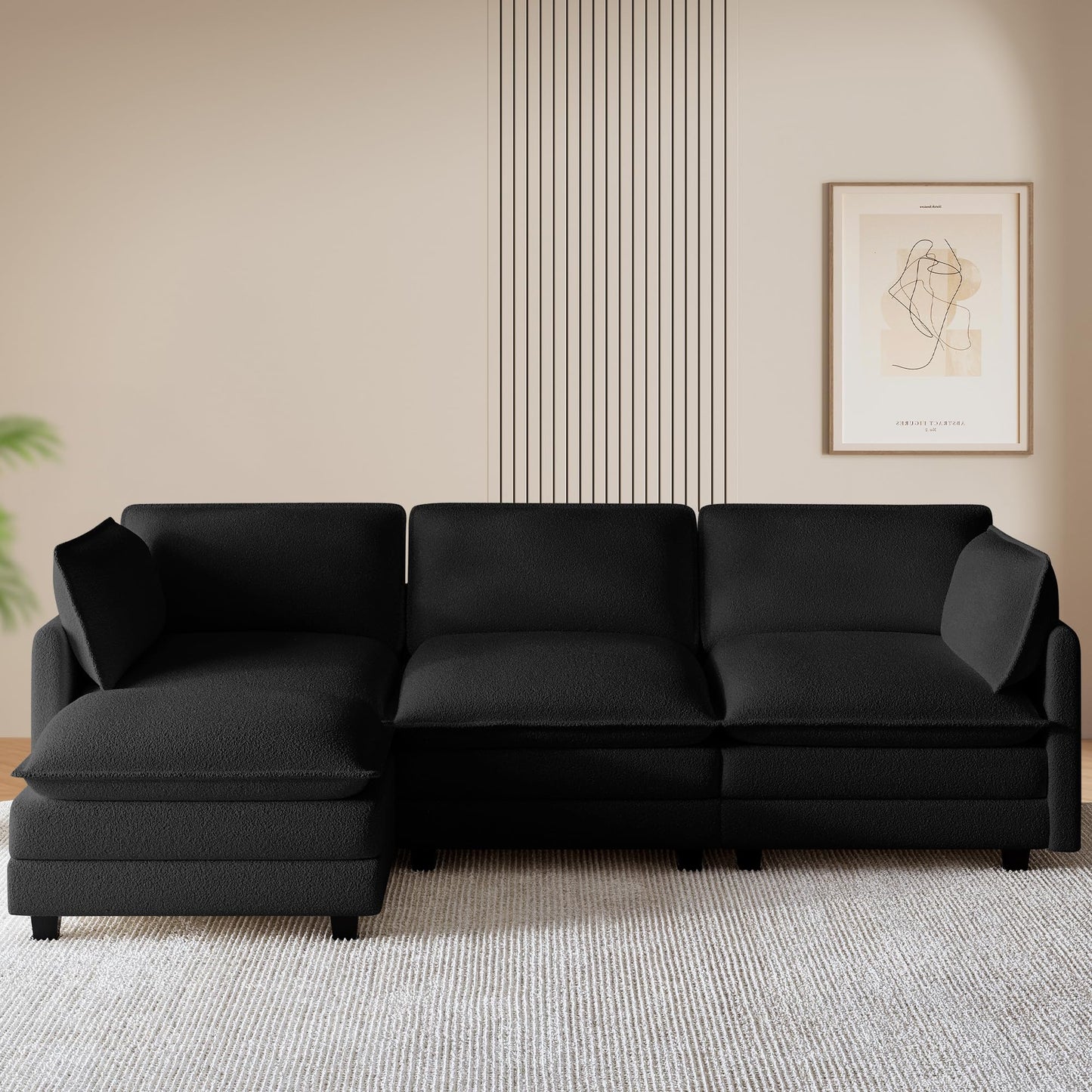 ROWHY 112'' Modular Sectional Cloud Couch with Movable Ottoman, 4 Seat Modern Chenille Sofa with 2 Throw Pillows, Deep Seat L Shaped Couch for Living Room Bedroom Apartment, Black